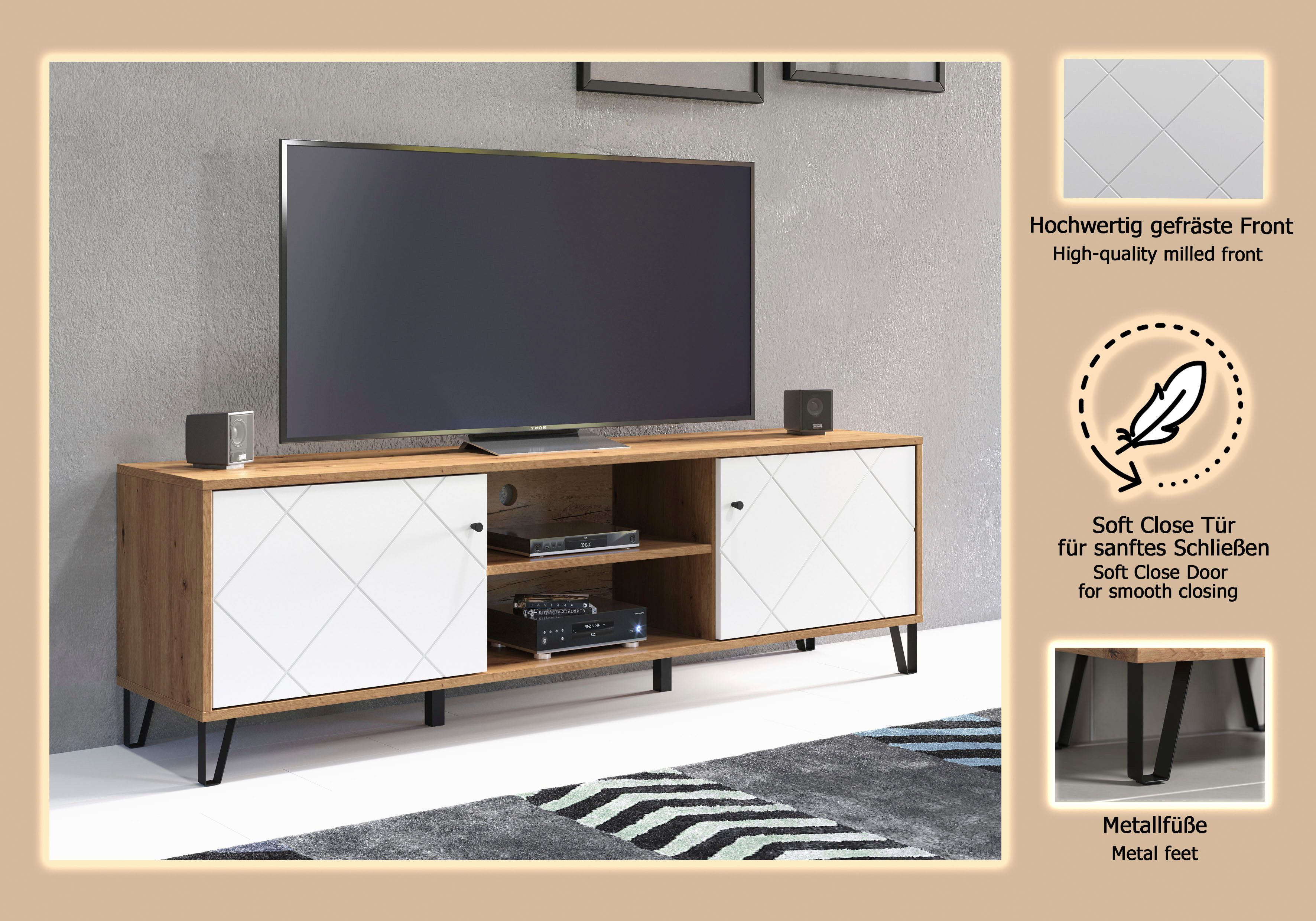 Places of Style Tv-meubel Tarragona TV-kast TV-lowboard met frezingen in ruitlook en kabeldoorvoer, Br.183 cm