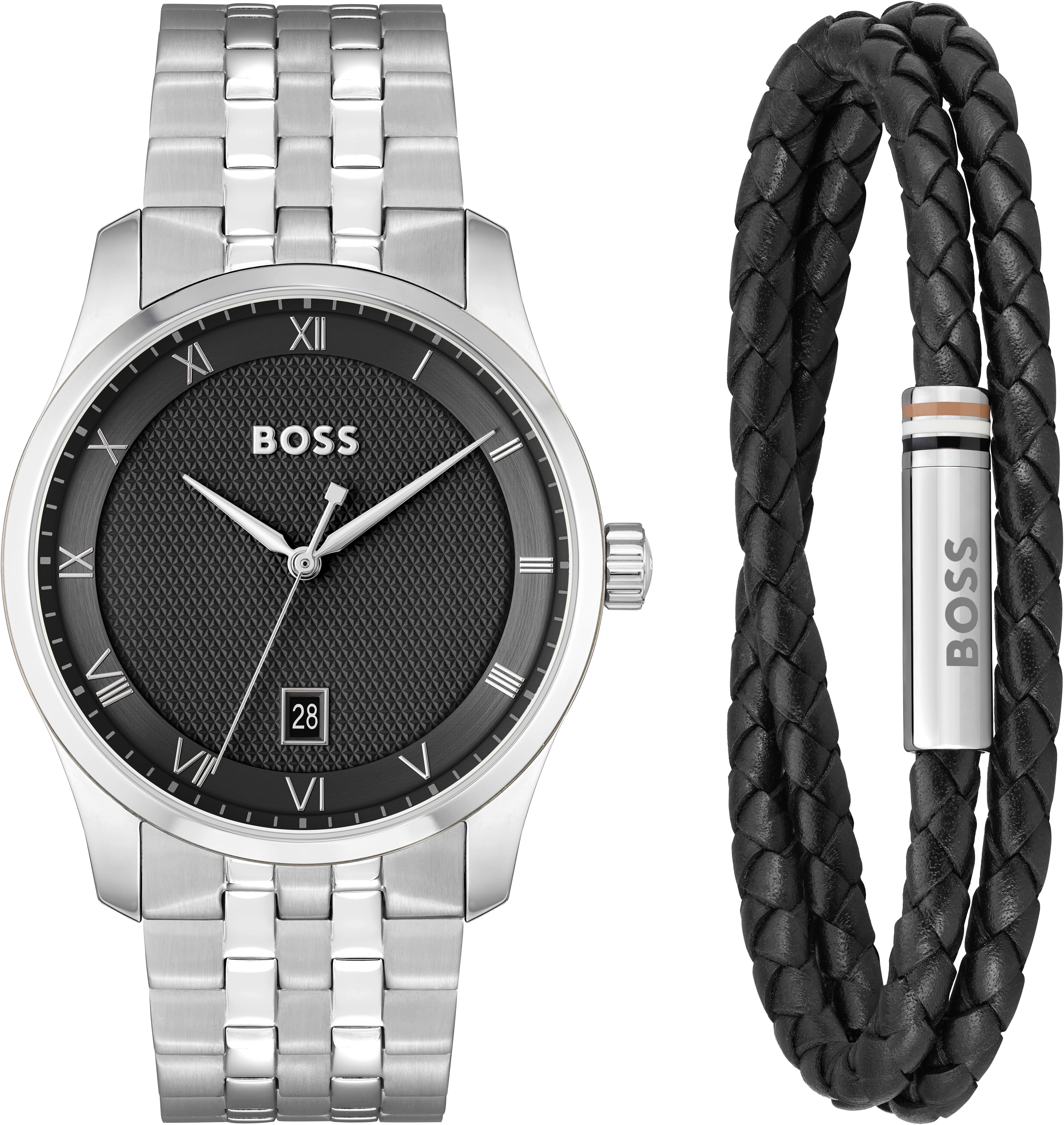 Boss Kwartshorloge Principle Horloge, herenhorloge, stalen band, ideaal ook als cadeau (set, 2-delig, Met leren band)