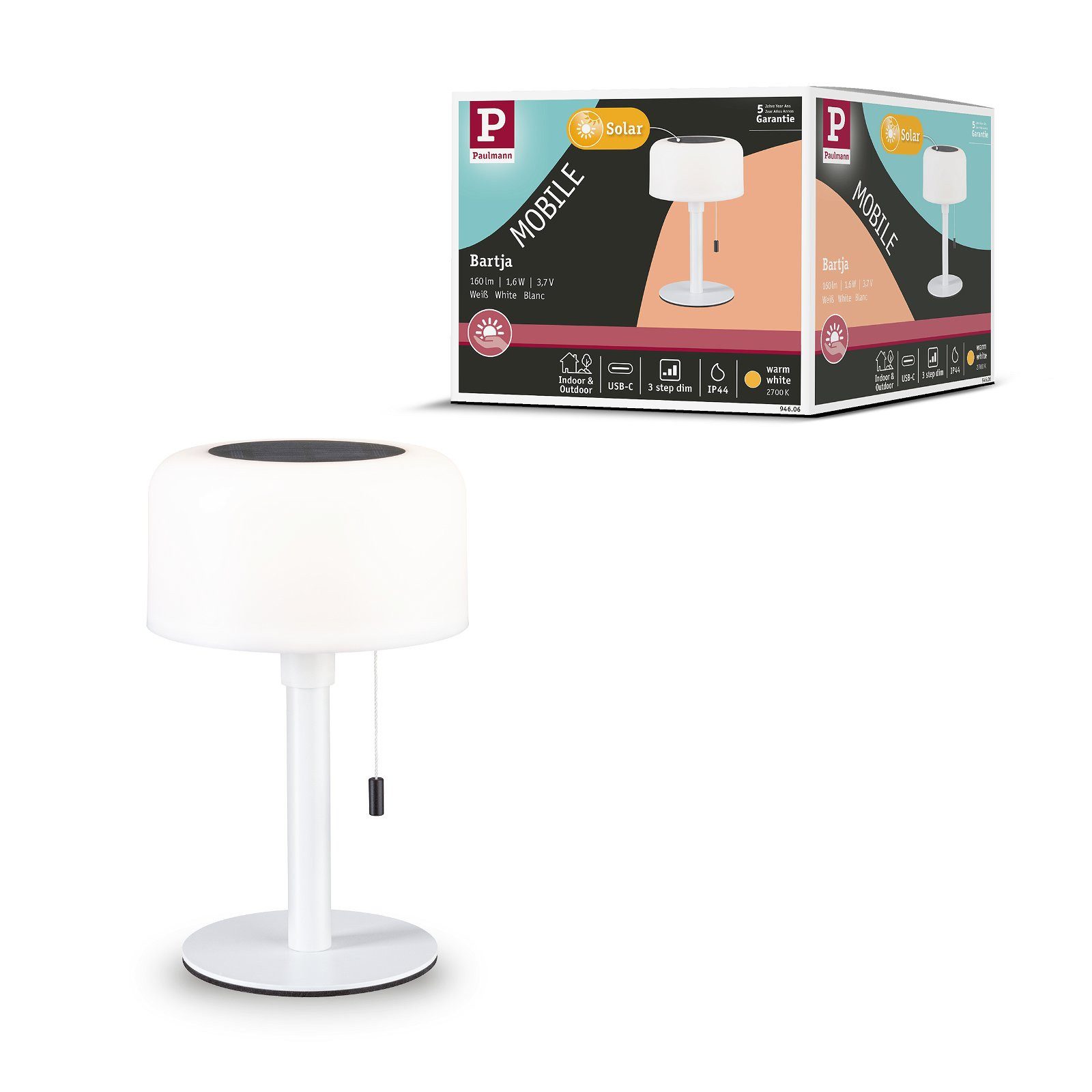 Paulmann Led-tafellamp voor buiten Mobiele Solar Bartja IP44 2700K USB-C Accu (1 stuk)