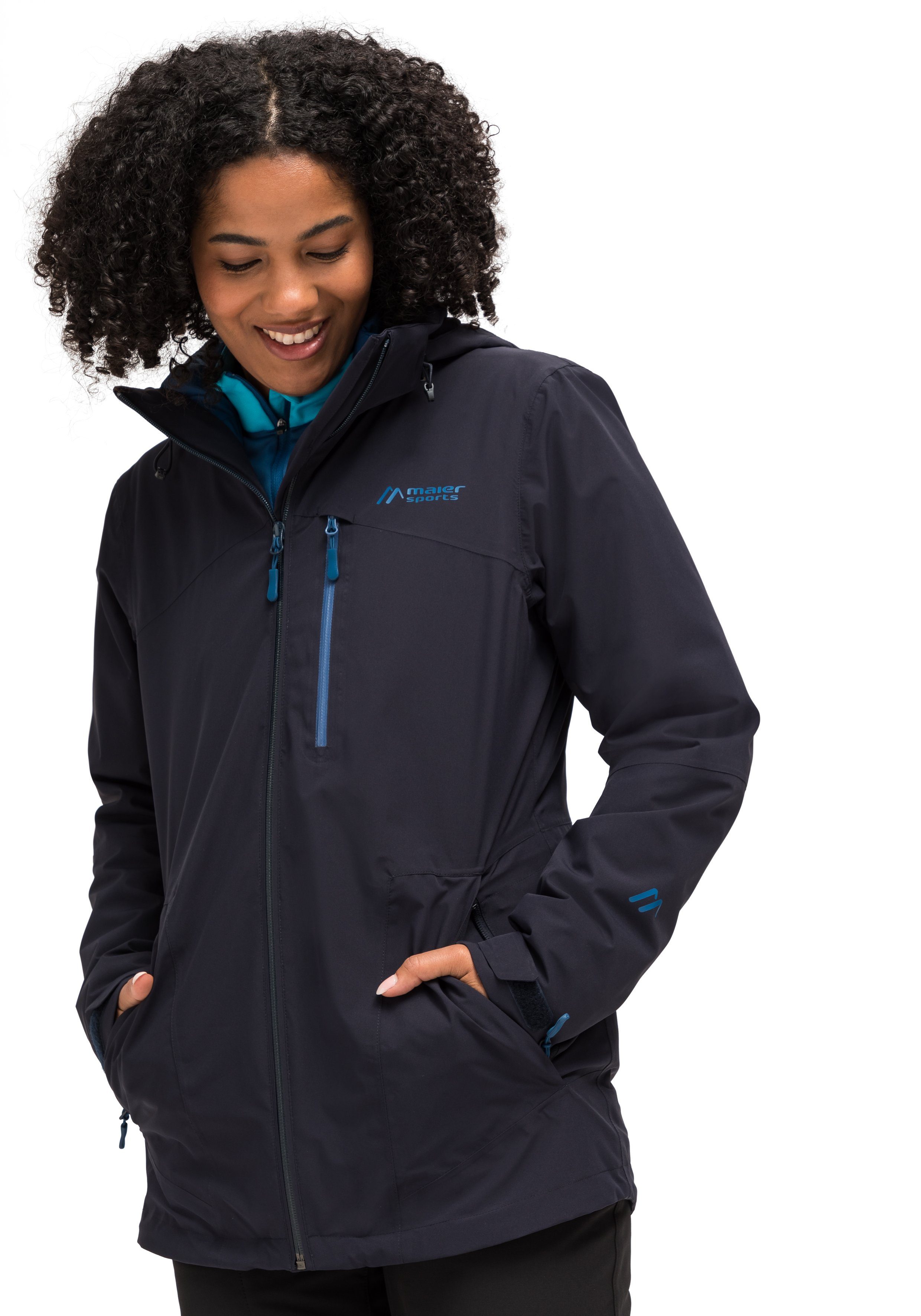 Maier Sports Outdoorjack Ribut Long W Dames wandeljas, ademend en waterdicht, regenjas met capuchon