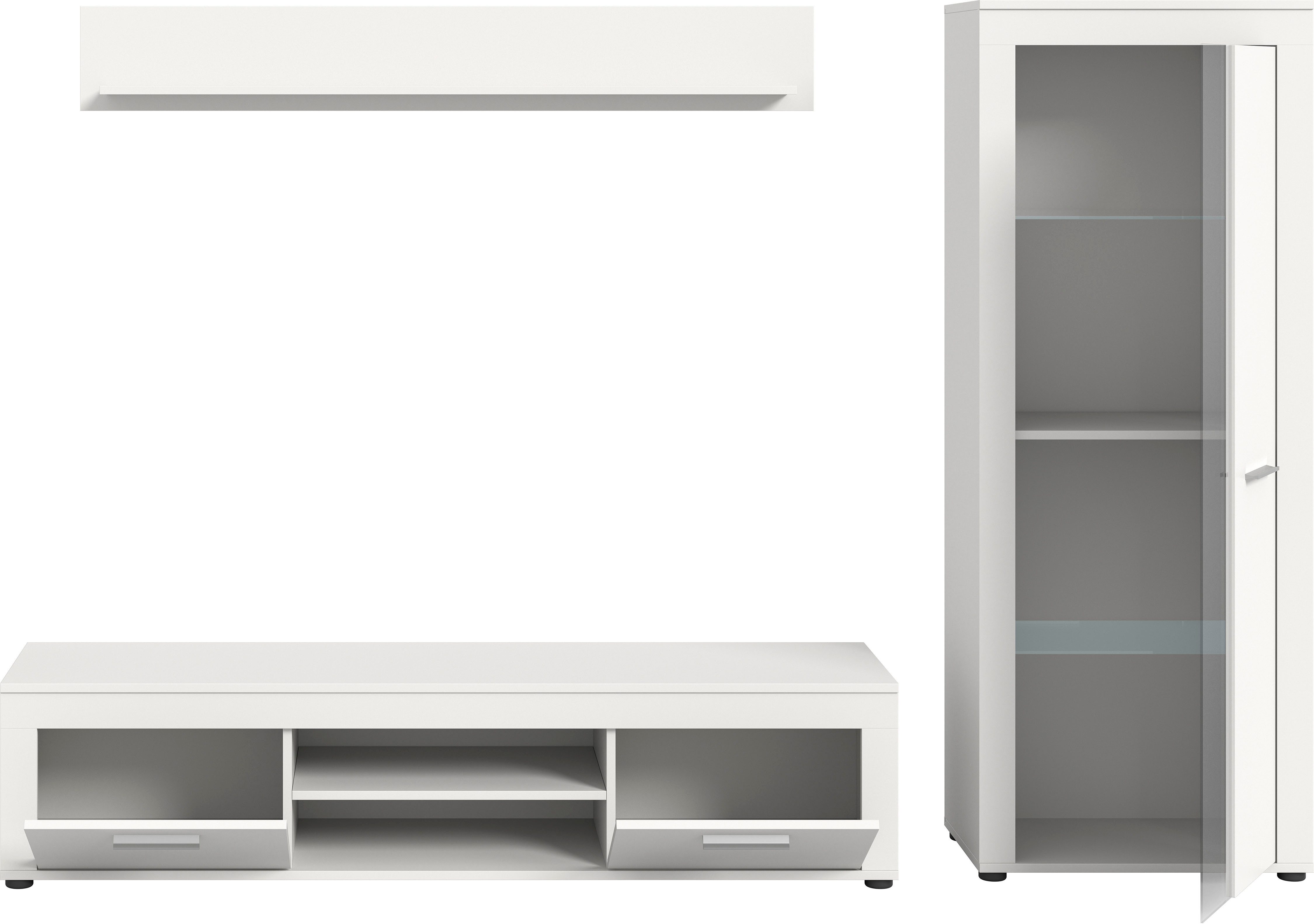 INOSIGN Wandmeubel Aosta, Breedte 235cm, bestaand uit Lowboard, Wandplank, Vitrine Woonwand, combinatie, opbouwwand, meubelset, kastwand, meubelcombi (3-delig)