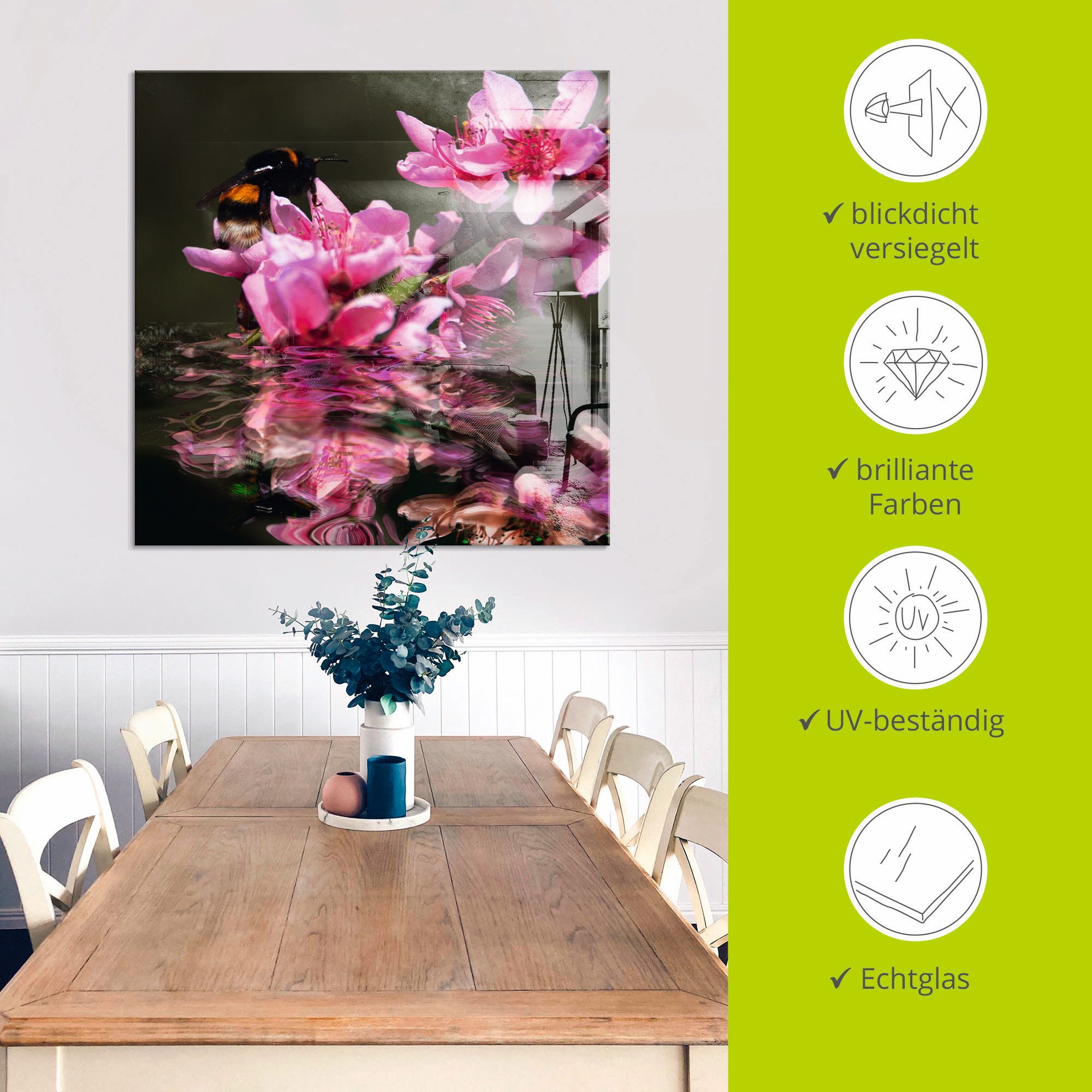 Artland Print op glas Perzikbloesem met hommel