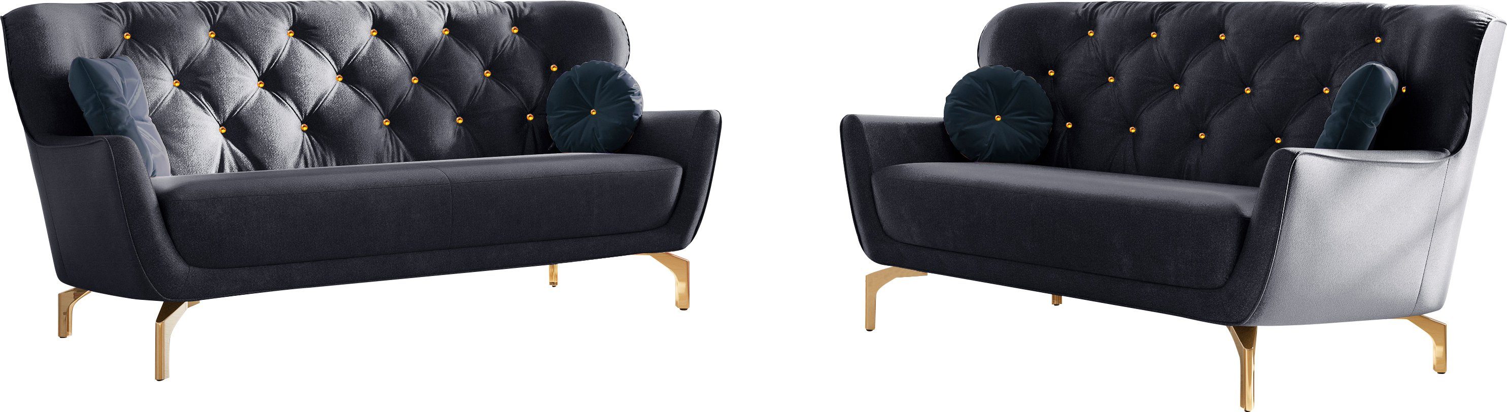 sit&more Zithoek Orient 3 inclusief 4 sierkussens met strassteentjes, goudkleurige metalen poten (2-delig) blauw, zithoeken