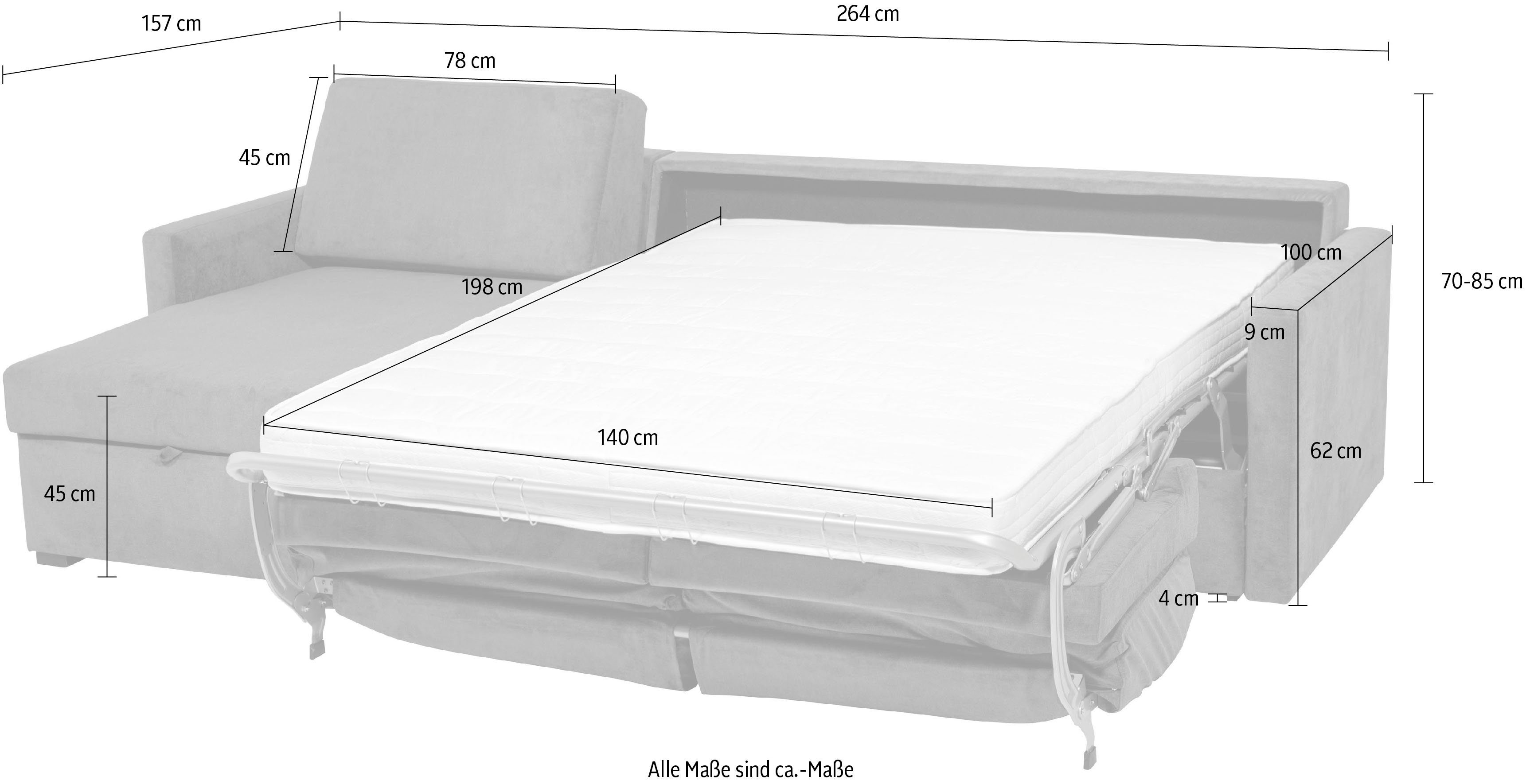 Places of Style Slaapbank GOLDPOINT hoekbank 264 cm, ligoppervlak (140/200 cm), L-vorm, Slaapfunctie, Bonell-binnenveringsmatras en volwaardige bedfunctie