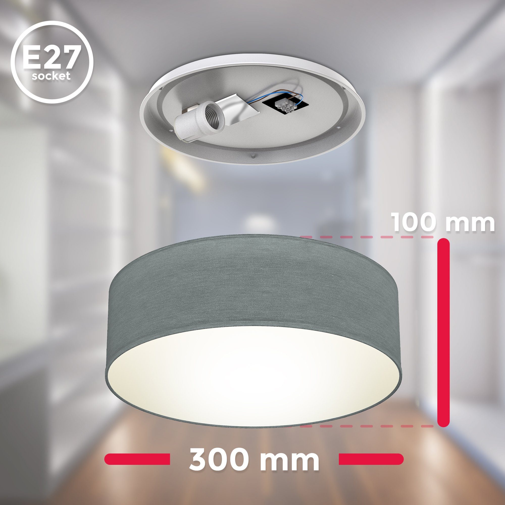 B.K.Licht Led-plafondlamp Plafondlamp, textielschaal, grijs, E27, slaapkamer, woonkamer