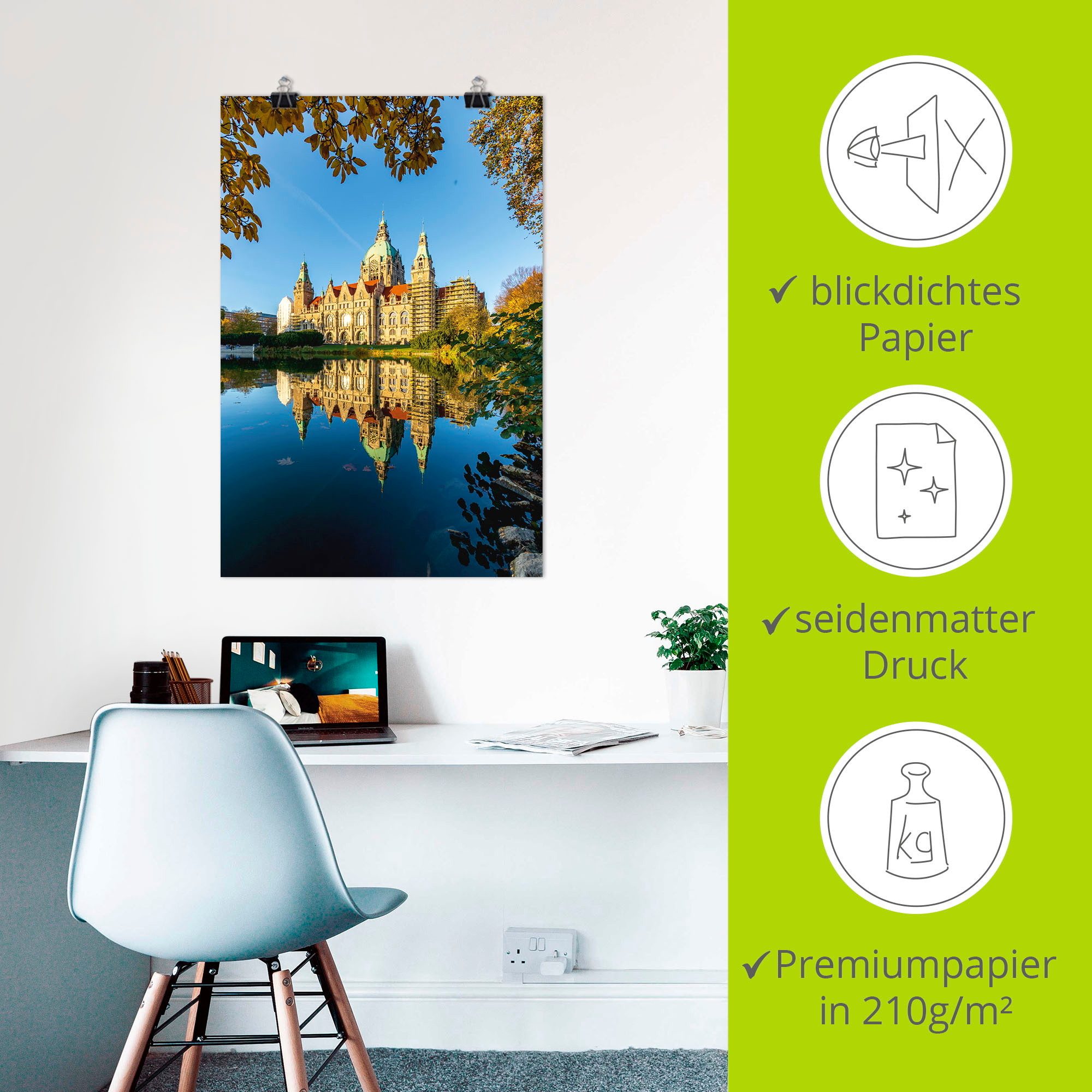 Artland Poster Weerspiegeling van het stadhuis in Hannover als artprint van aluminium, artprint op linnen, muursticker of poster in verschillende maten