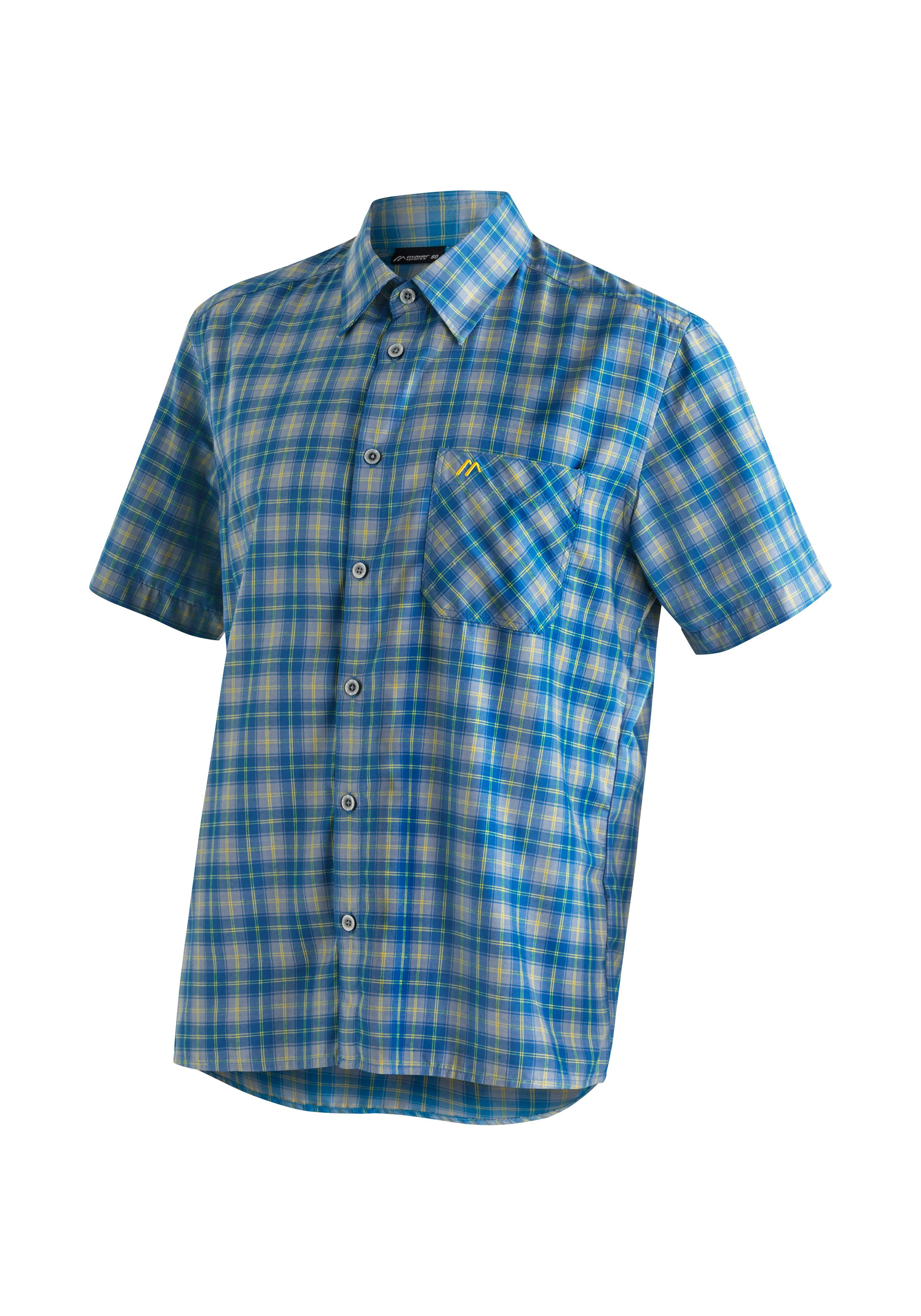 Maier Sports Functioneel shirt Mauro Geruite overhemd met korte mouwen voor wandelen, reizen en vrije tijd heren overhemden maat 68 blauw