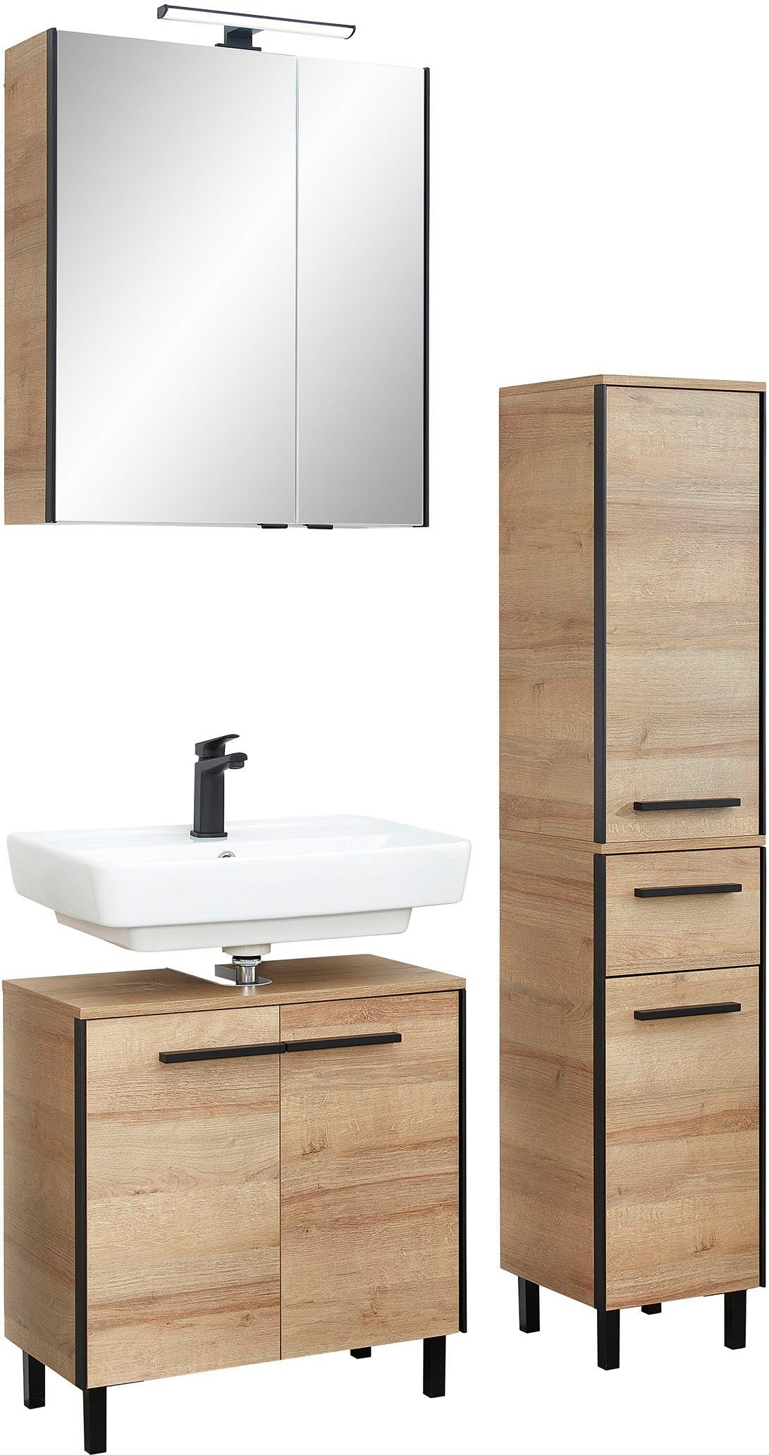 Saphir Badkamerserie Quickset 395 3-delig, wastafelonderkast met led-spiegelkast Middel kast, incl. deurdemper, 6 deuren, 1 lade, badkamer set (4-delig)