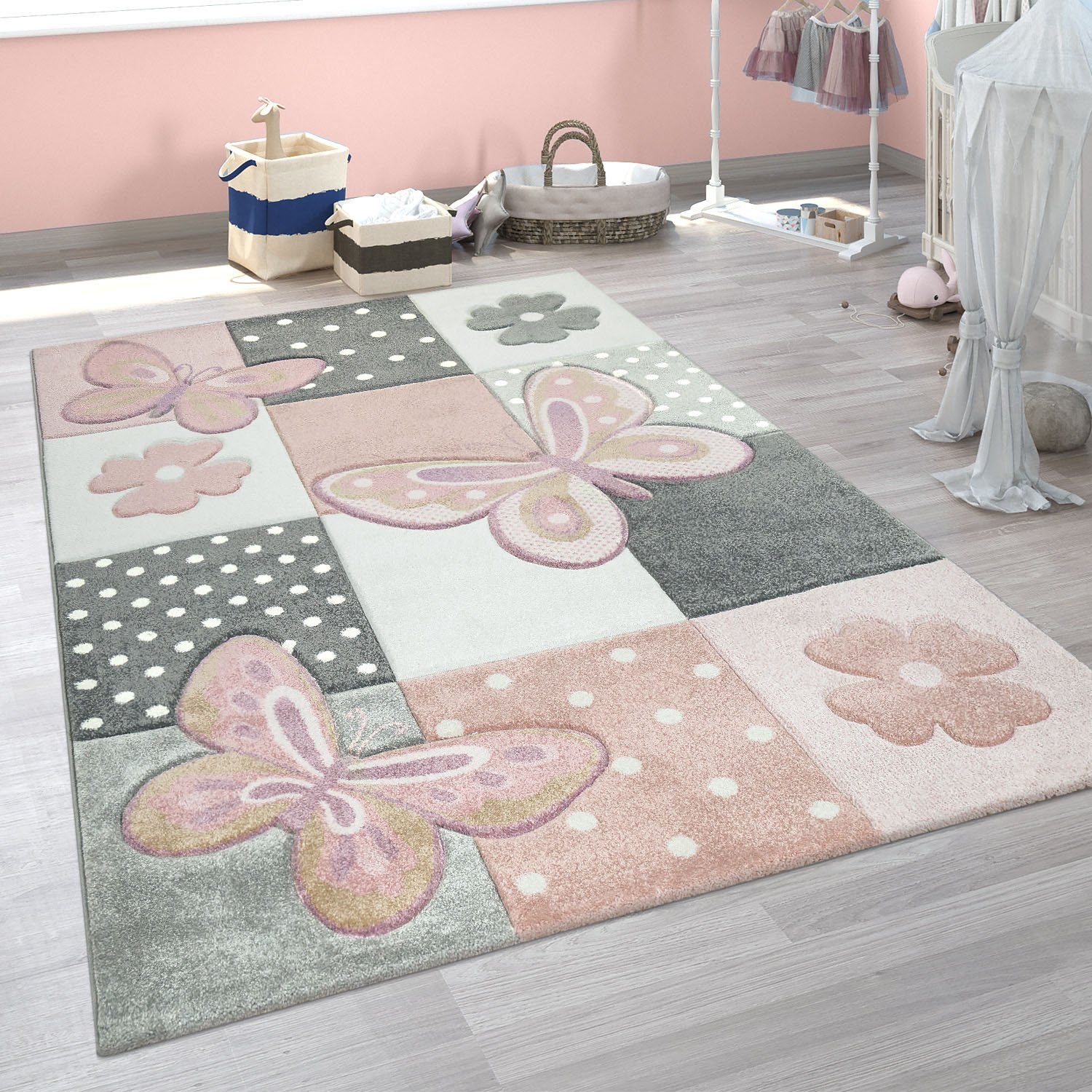 Paco Home Kindervloerkleed Cosmo 220 3d-design, patchwork motief, schattig motief vlinders & stippen