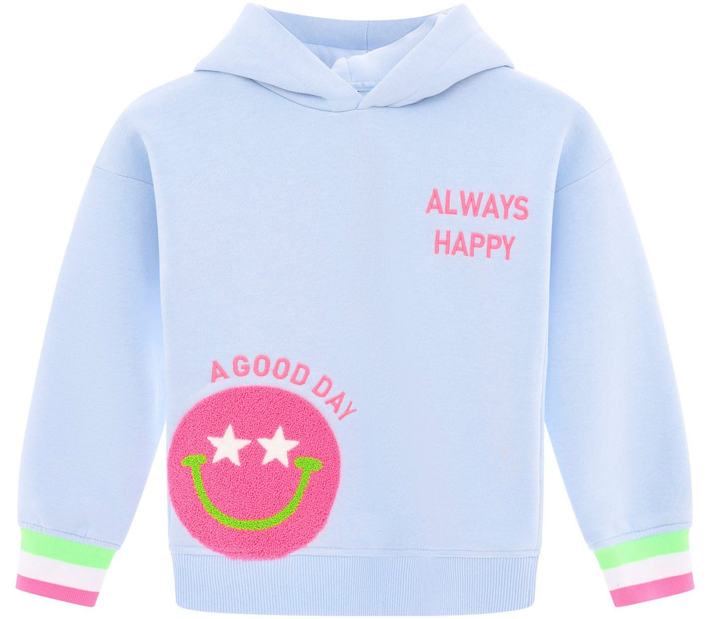Zwillingsherz Hoodie Always Happy Kids met grote smiley en neonkleurige details
