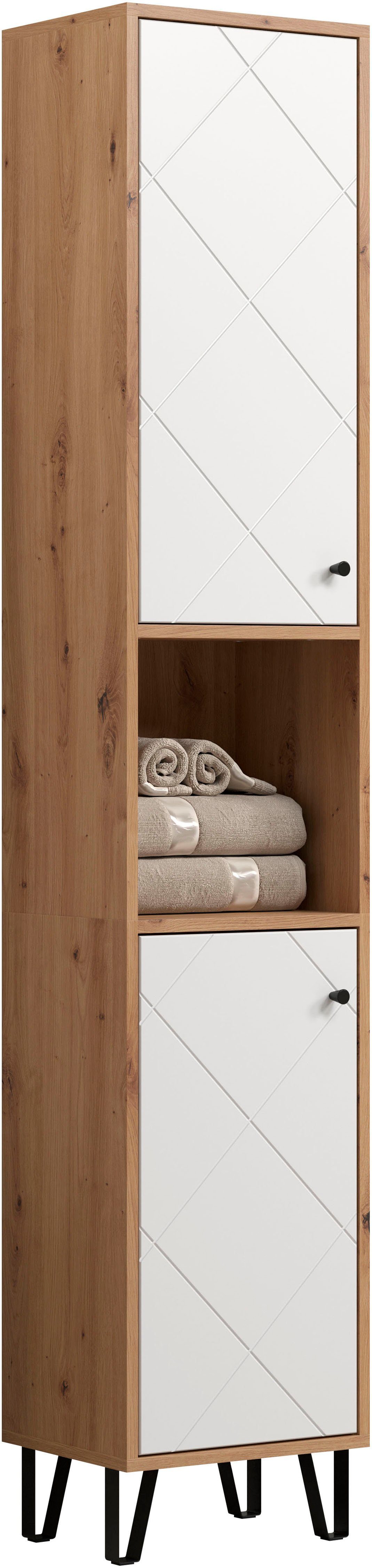 Places of Style Hoge kast Tarragona Breedte 36 cm, 2 deuren, retro metalen poten, mat, bruine hout-look / wit (1 stuk)