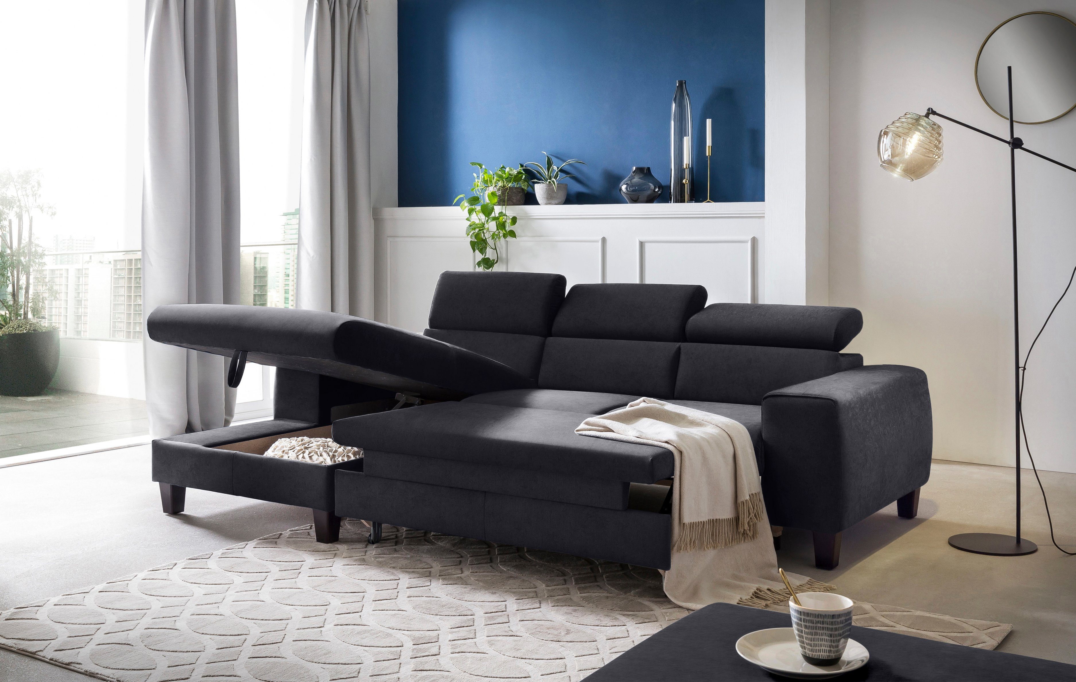 COTTA Hoekbank Morven L-vorm met hoofdeindeverstelling keuze met bedfunctie, bedlade & draadloze oplader