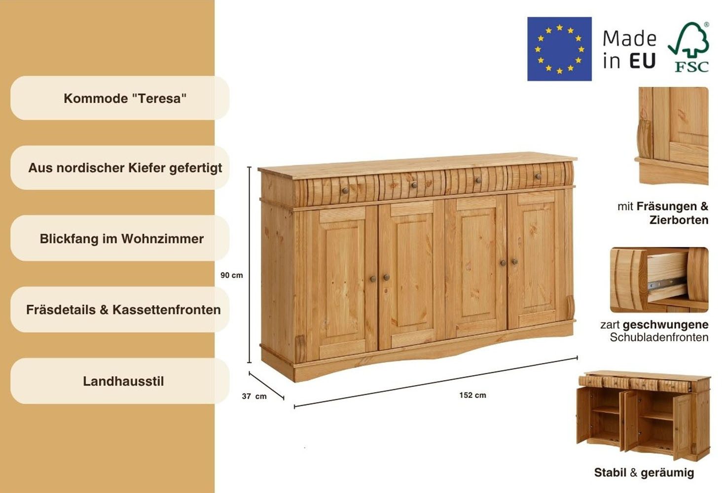 Home affaire Dressoir Teresa Commode, 4-deurs, breedte 152 cm, van massief dennenhout, FSC®