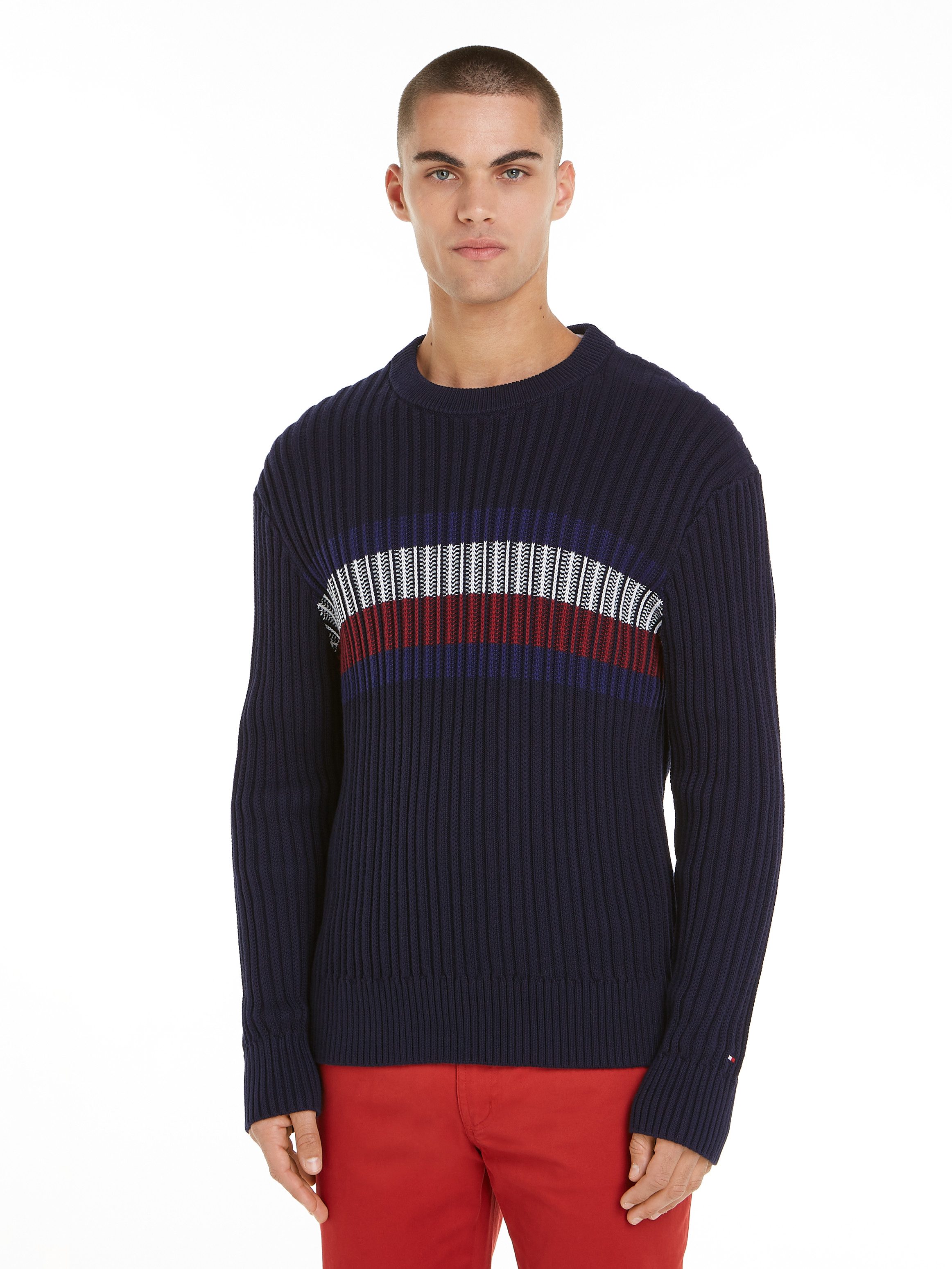 Tommy Hilfiger Trui met ronde hals GLOBAL STRIPE CHUNKY RIB C NK met opvallend color block-ontwerp