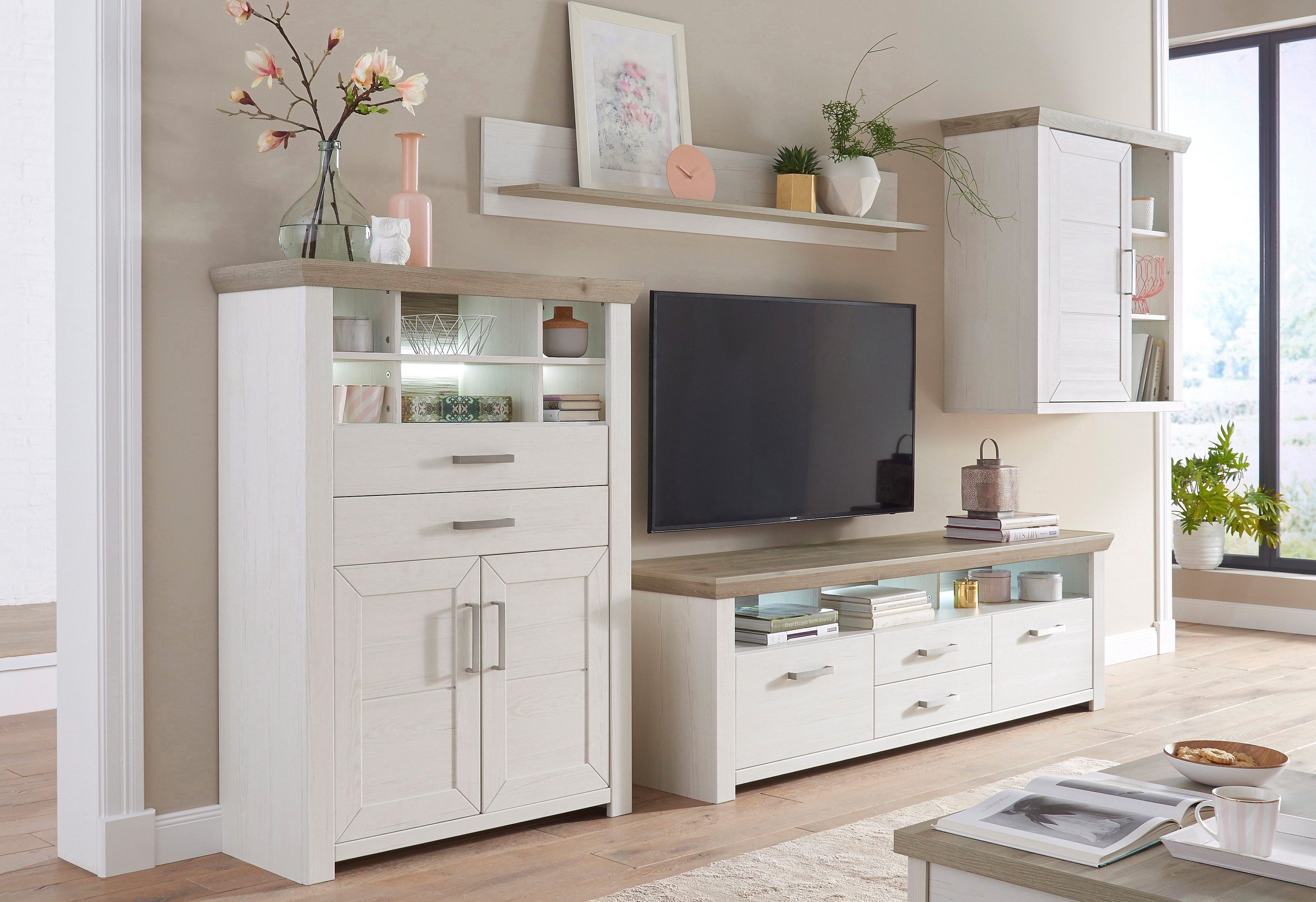 set one by Musterring Wandmeubel York Combinatie 01, in 3 kleurvarianten, totale breedte 374 cm (set, 4-delig) tv-wandmeubels wit