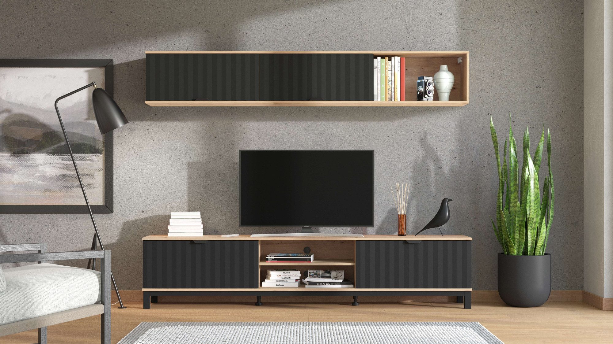 INOSIGN Wandmeubel Monaco incl. TV-meubel en Wandplank 218 cm, trendkleuren, voorkant in 3d-optiek (complete set, 2-delig)