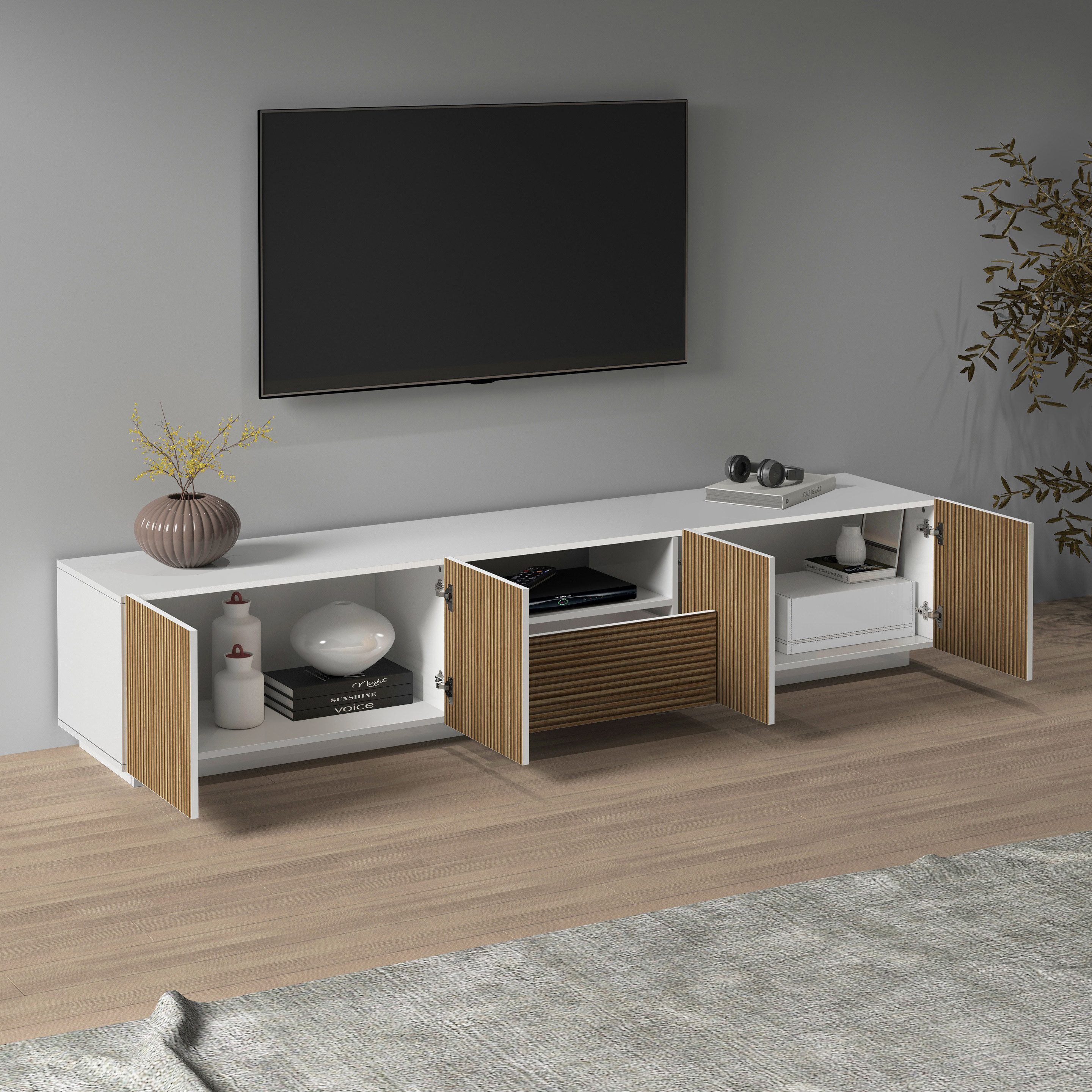 INOSIGN Tv-meubel Vega, Lowboard, TV-meubel, TV-kast, 220 cm met 4 deuren en 1 lade, fronten met groeflook