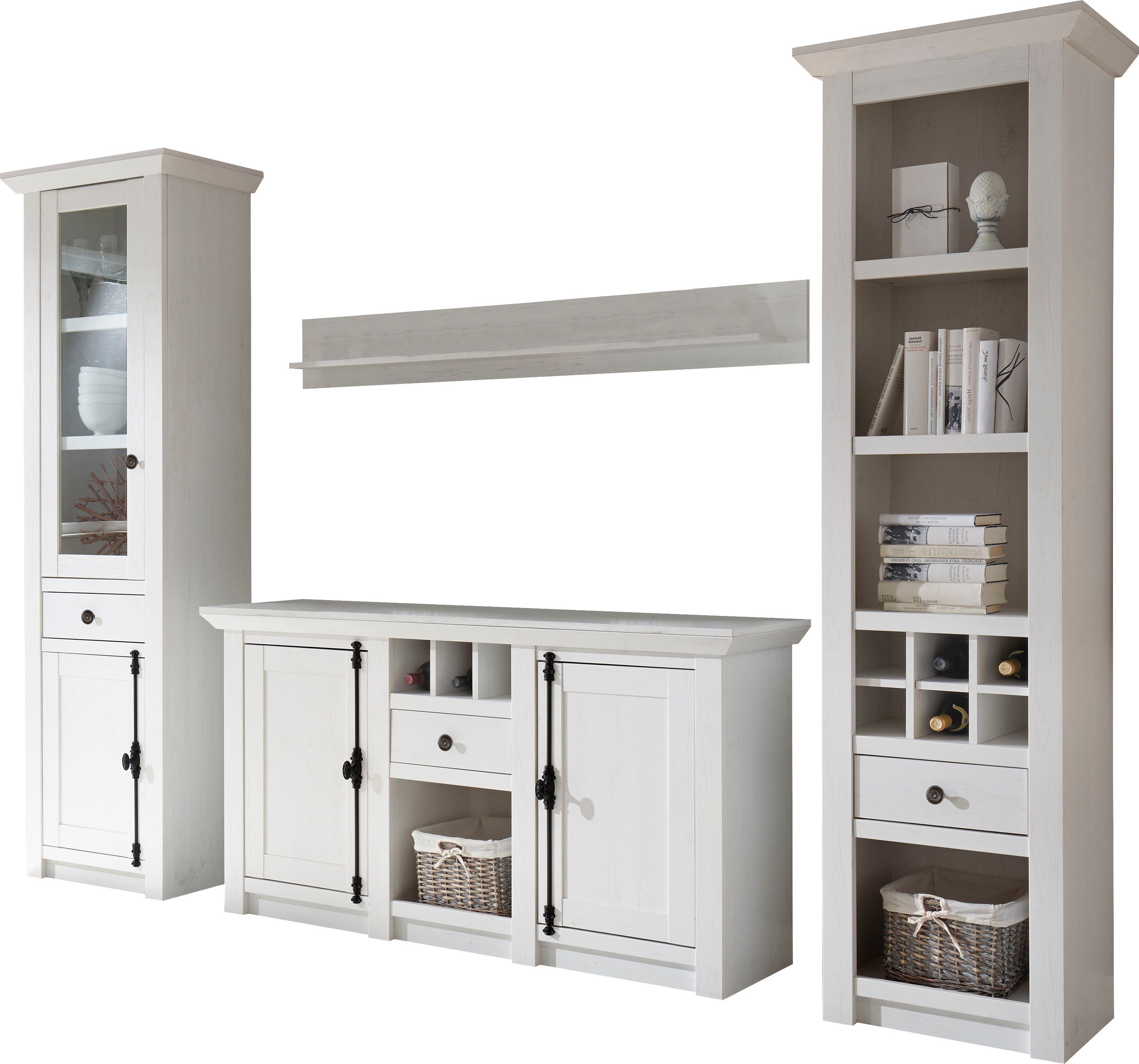 Home affaire Wandmeubel California bestaand uit staand rek, vitrinekast, dressoir, wandrek (set, 4-delig) tv-wandmeubels wit