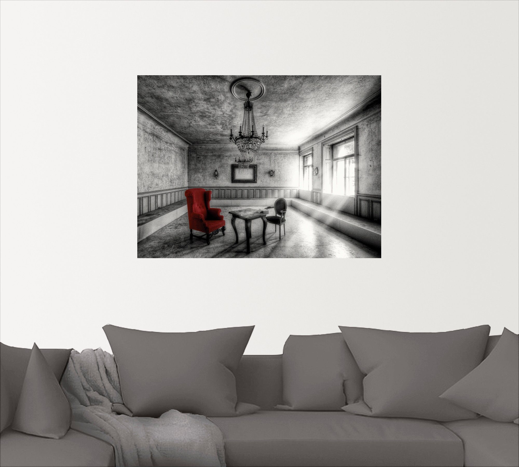 Artland Artprint Lost Place - rode fauteuil als artprint van aluminium, artprint voor buiten, artprint op linnen, poster, muursticker