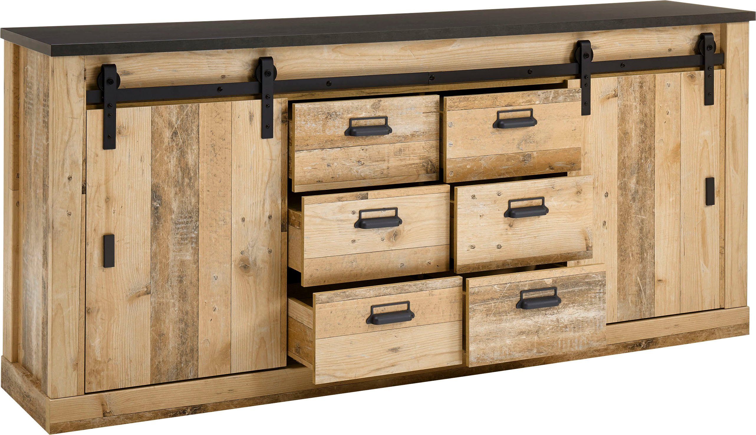 Home affaire Dressoir Sherwood modern houtdecor, met schuurdeurbeslag van metaal, breedte 201 cm