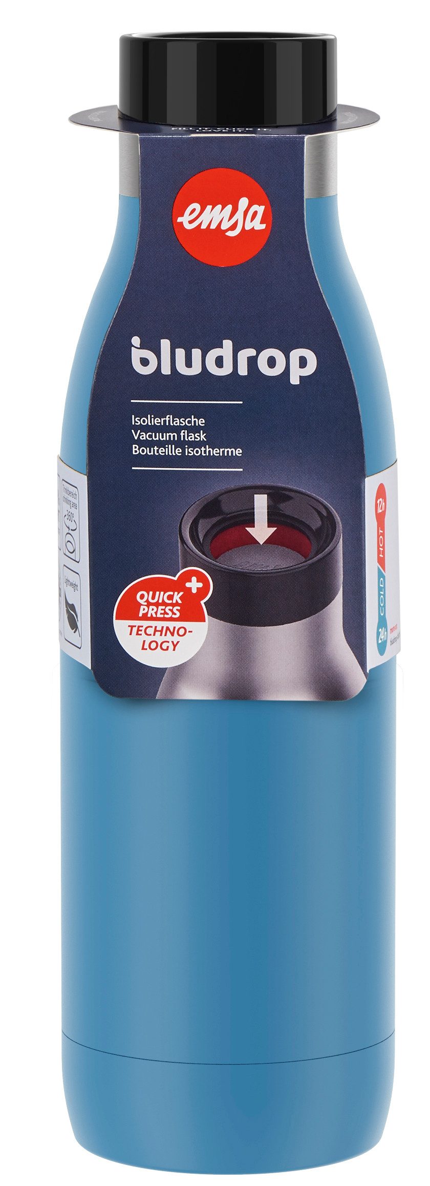 Emsa Thermosfles Drinkfles Bludrop Roestvrij staal, Quick-Press deksel, 360° drinkplezier, 12 uur warm/24 uur koel (1-delig)