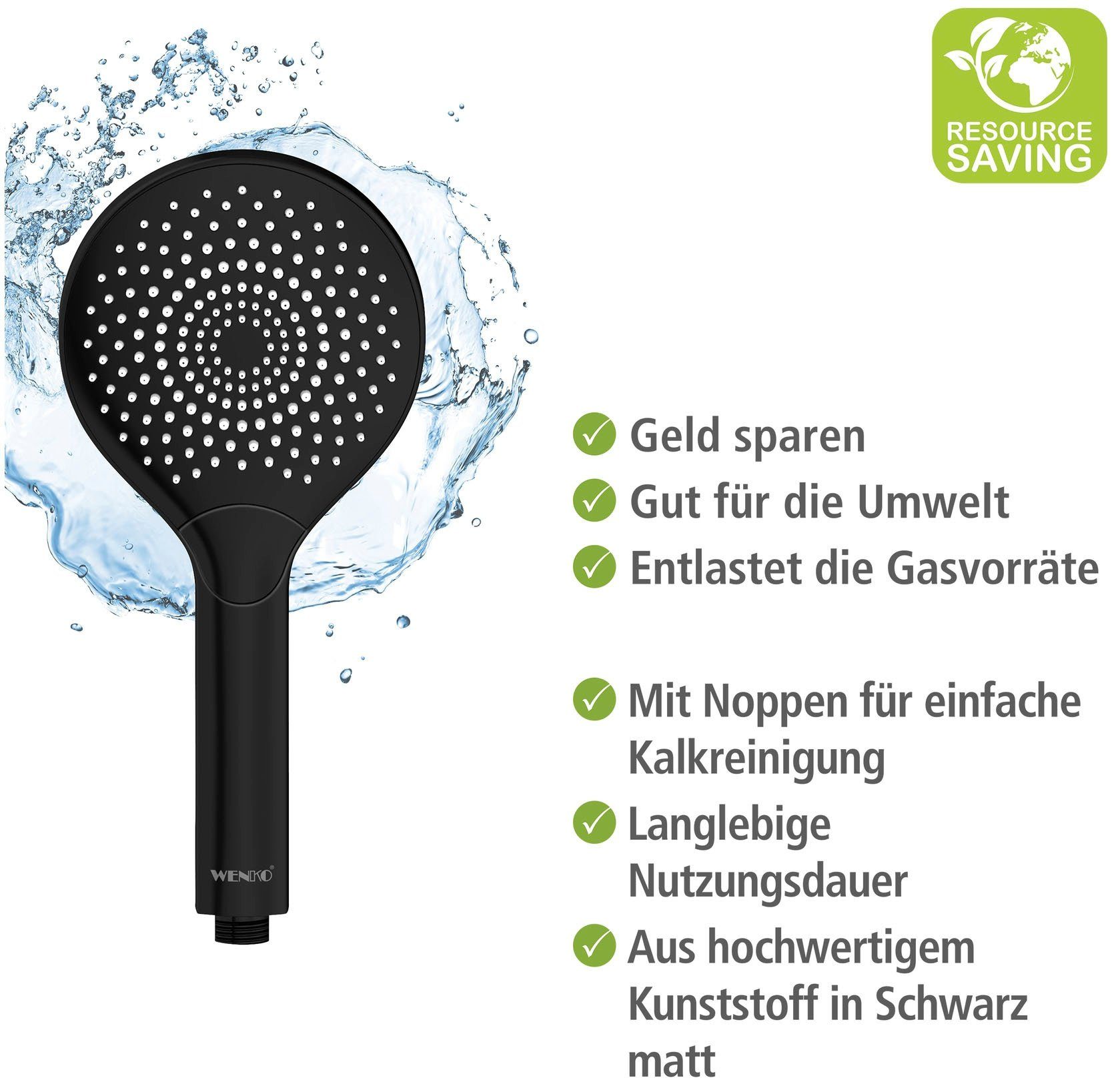 WENKO Handsproeier Watersaving Zwart mat, Ø 12 cm (1-delig)