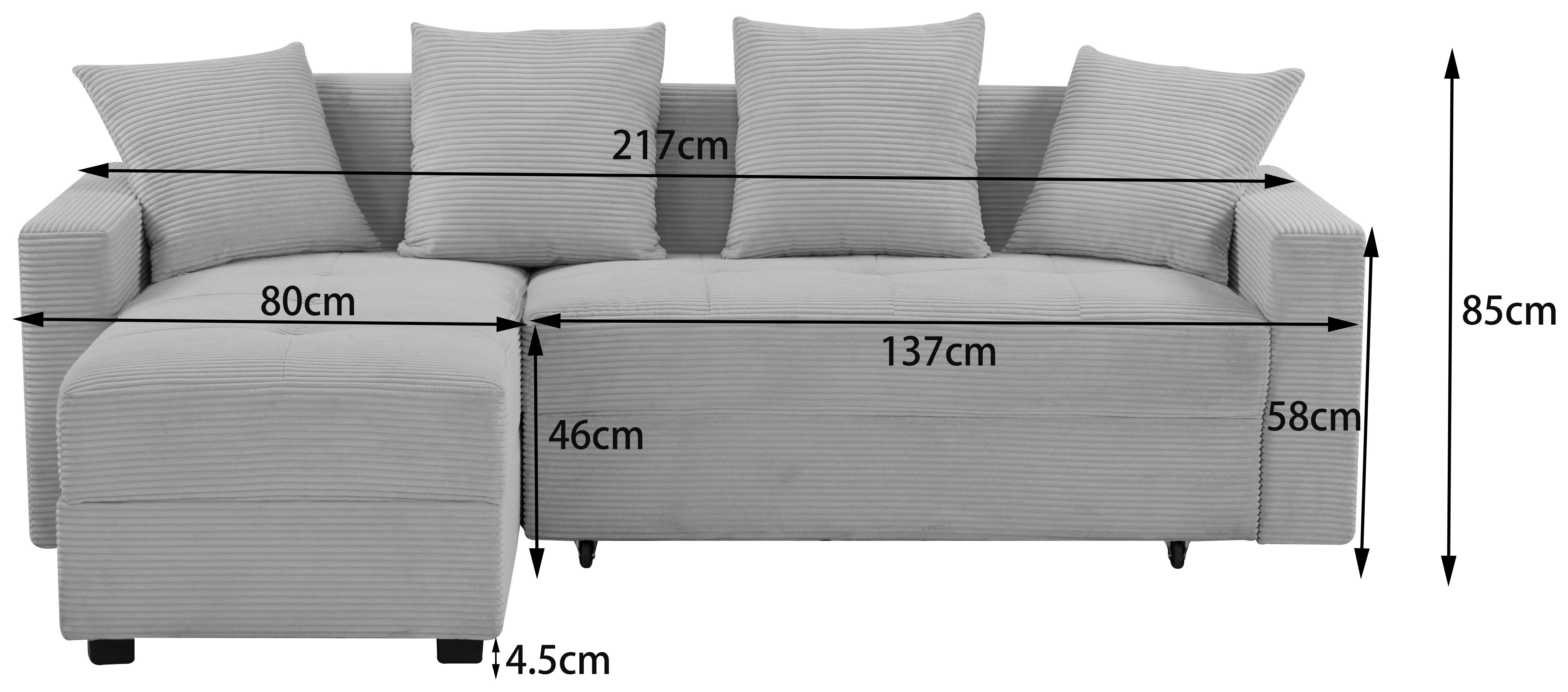 INOSIGN Hoekbank KILLAM, 217 cm, L-vorm, met slaapfunctie en bedlade Recamière rechts / links monteerbaar, in cord en geweven stof