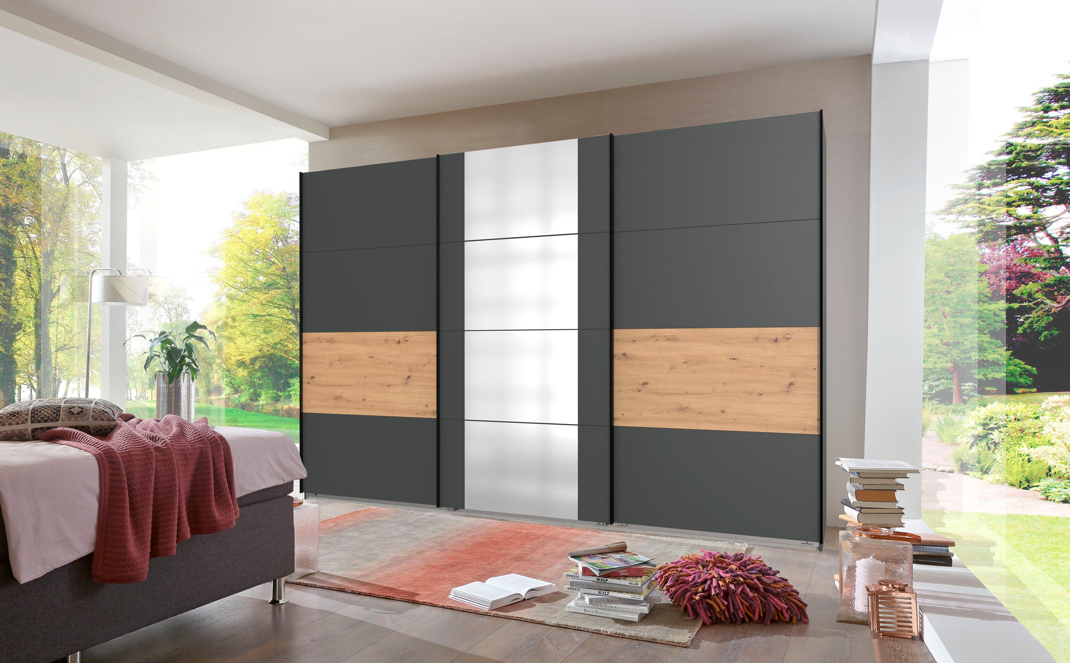 Wimex Zweefdeurkast Barmbek Slaapkamerkast BESTSELLER Garderobekast Kledingkast met 2 stoffen boxen en 2 extra planken, spiegeldeur
