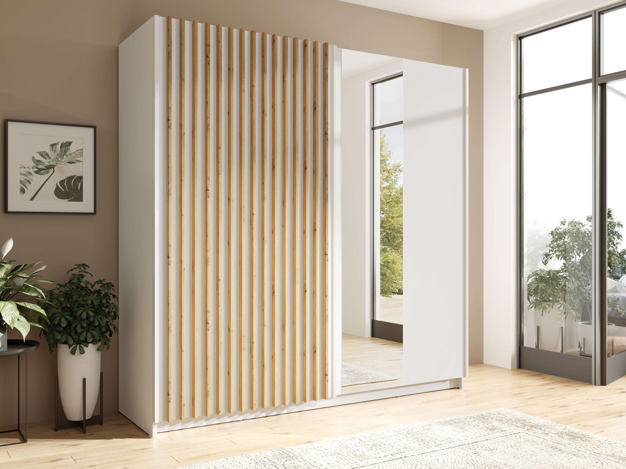 INOSIGN Kledingkast Camden met spiegel, 4 legplanken en kledingstang Garderobe met 2 schuifdeuren en lamellen, BxHxD 200,2x198,5x61,6 cm