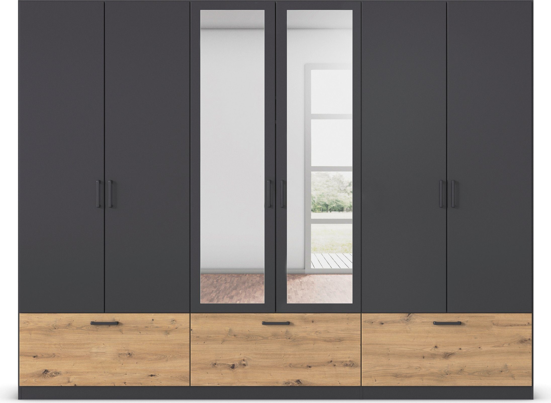 rauch Draaideurkast Kledingkast kast garderobe waskast BARI met spiegel met lades en moderne greep in grijs metallic made in germany
