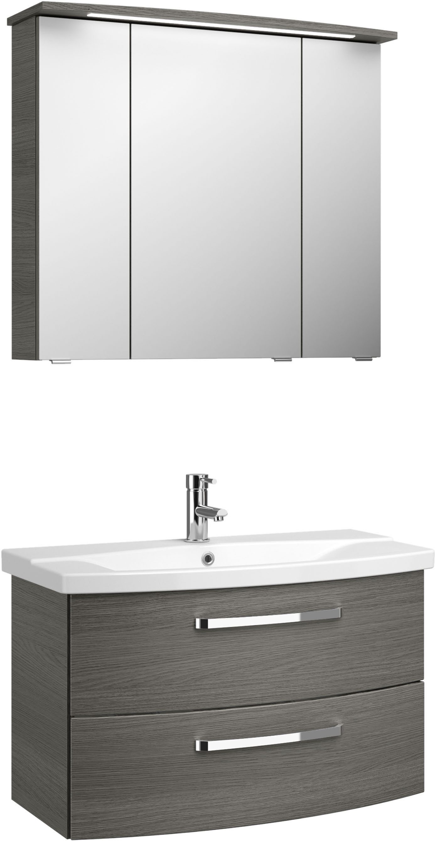Saphir Badmeubelset Serie 4010 2-delig keramische wastafel met LED-spiegelkast Badkamer set 84 cm breed, incl. deurdemper, 3 deuren, 2 lades (set)
