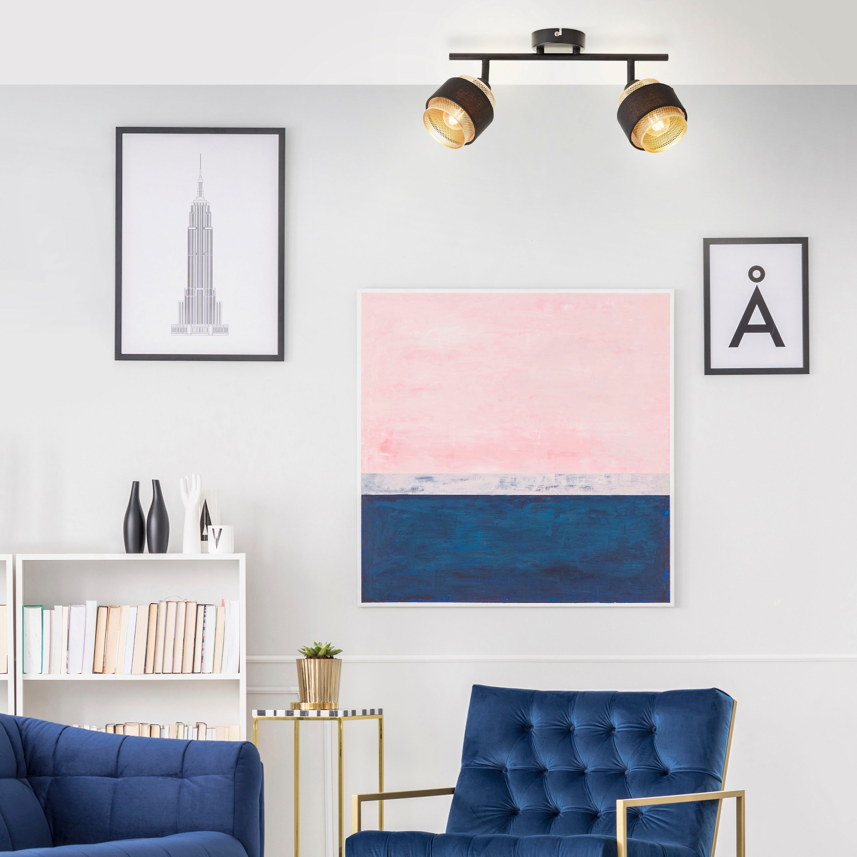 Brilliant Leuchten Plafondspot Grove Breedte 50 cm, E14, metaal/textiel, zwart goudkleurig