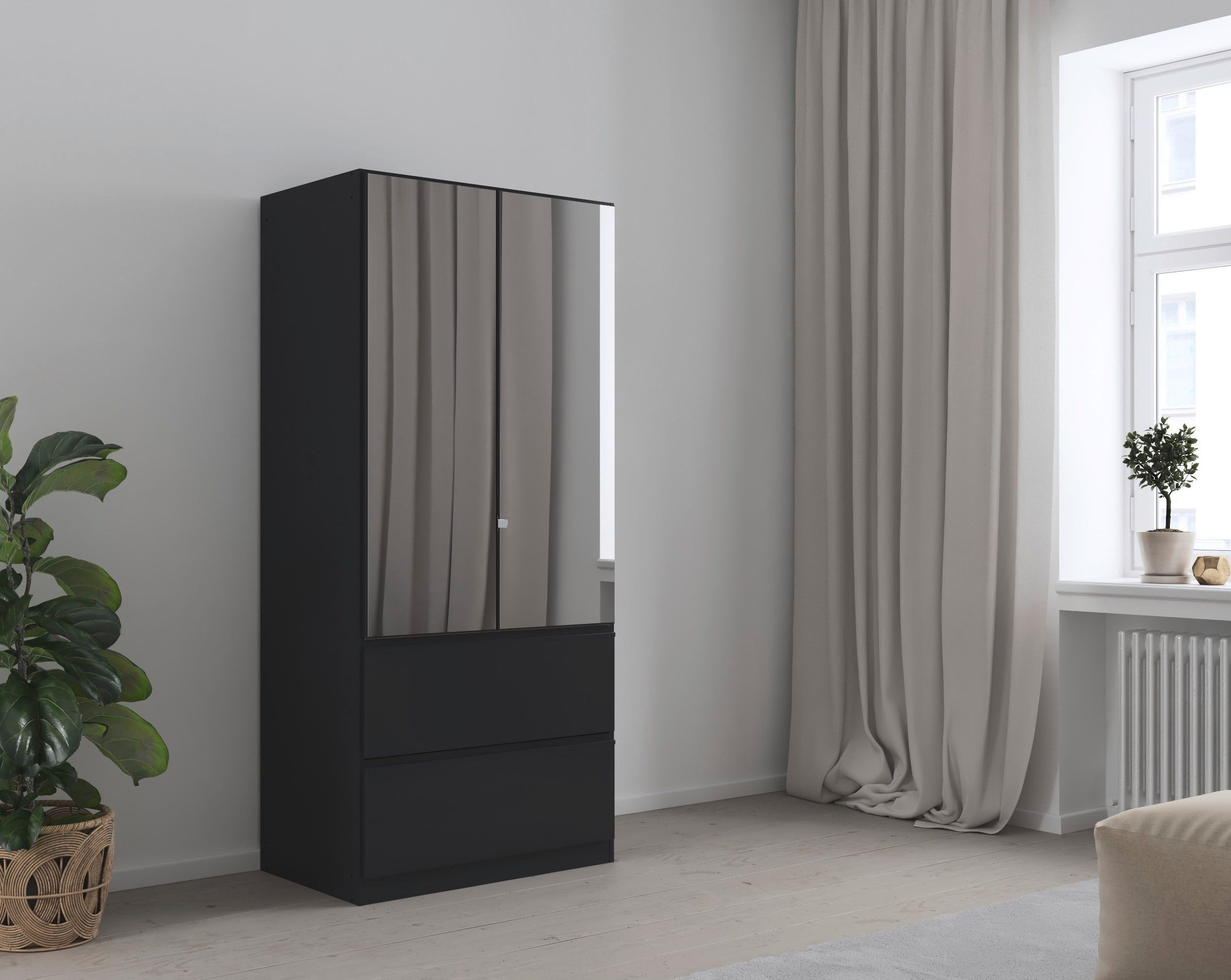 rauch Draaideurkast Kledingkast Kast Garderobe Wasmand COSTA in 3 Breedtes met spiegel, greeploos front en push-to-open functie made in germany