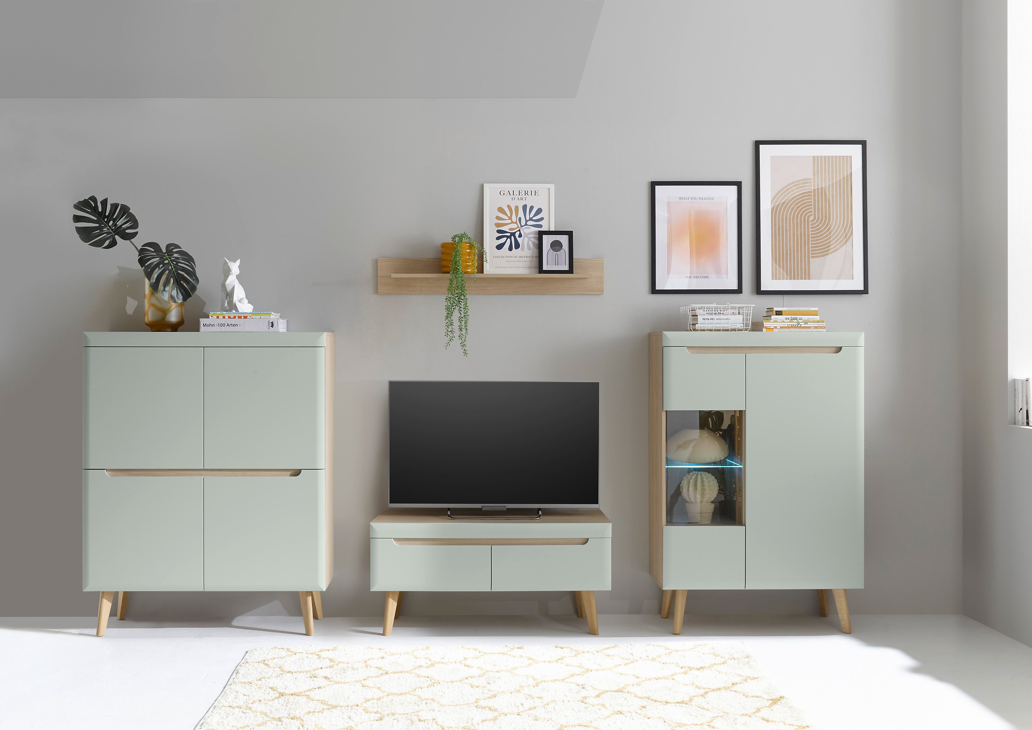 INOSIGN Wandmeubel Torge, wandmeubel, kastwand, mediawand, woonkamer-set bevat 1 vitrine, 1 lowboard, 1 highboard + 1 wandplank, 344 cm breed (set,