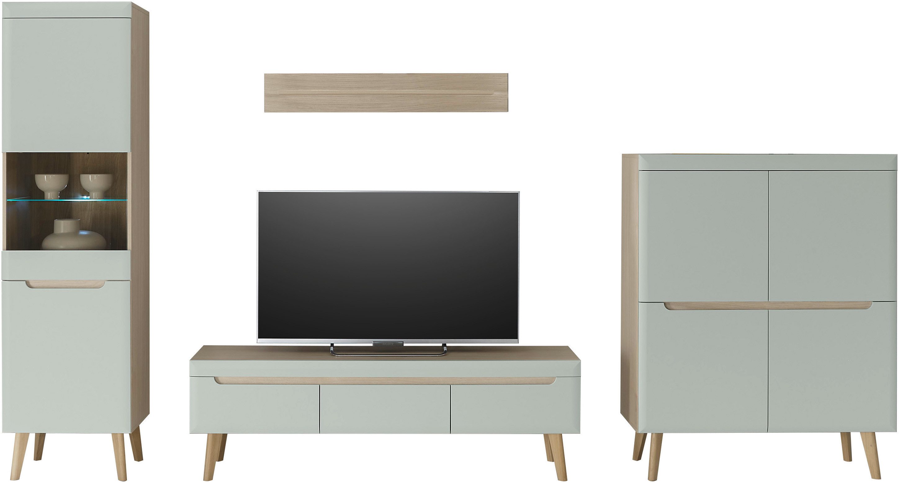 INOSIGN Wandmeubel Torge, wandmeubel, kastwand, mediawand, woonkamer-set bevat 1 vitrine, 1 lowboard, 1 highboard + 1 wandplank, 360 cm breed (set, 4-delig)