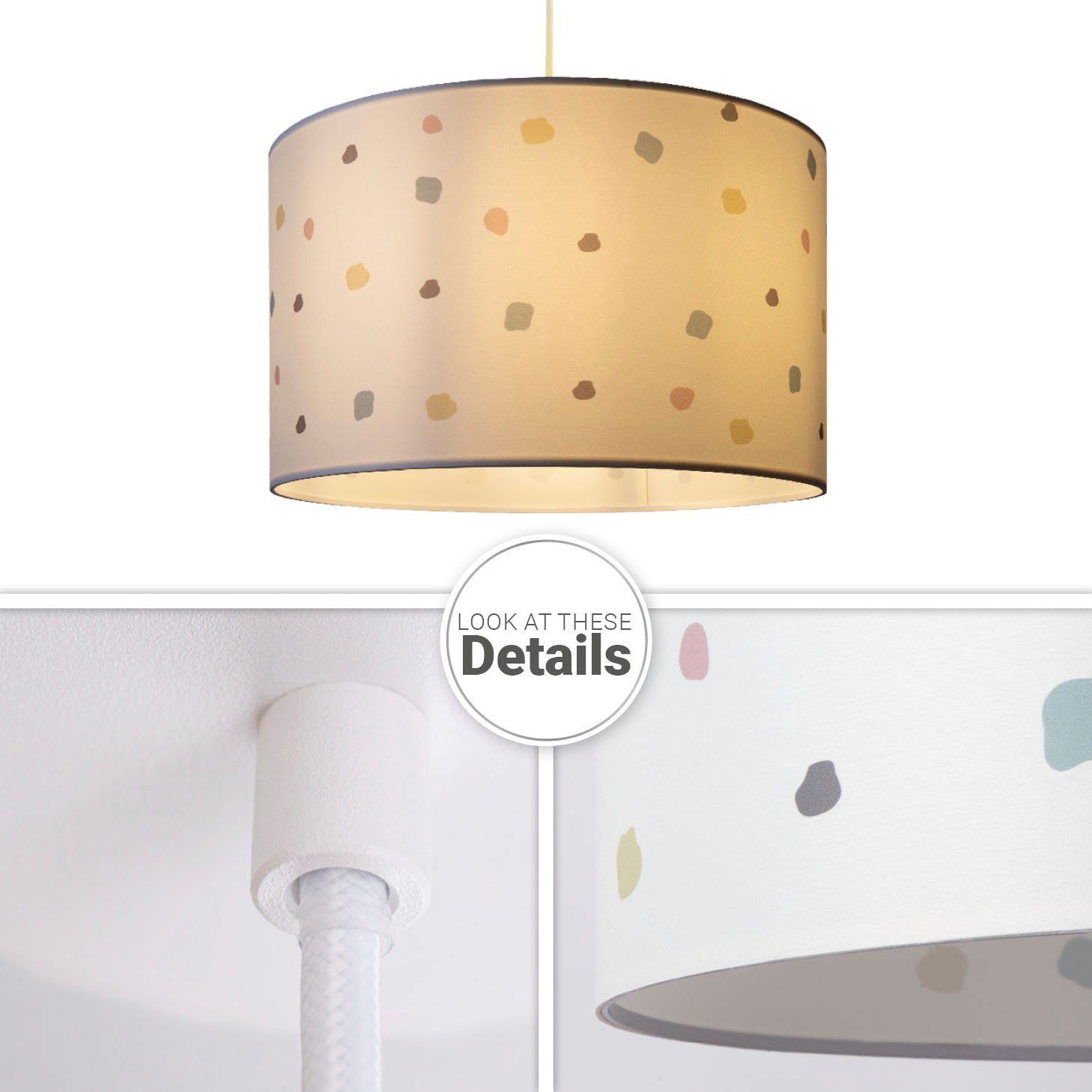 Paco Home Hanglamp Hugo Dots Pendellamp lampenkap rond stof stippen kleurig textielkap retro