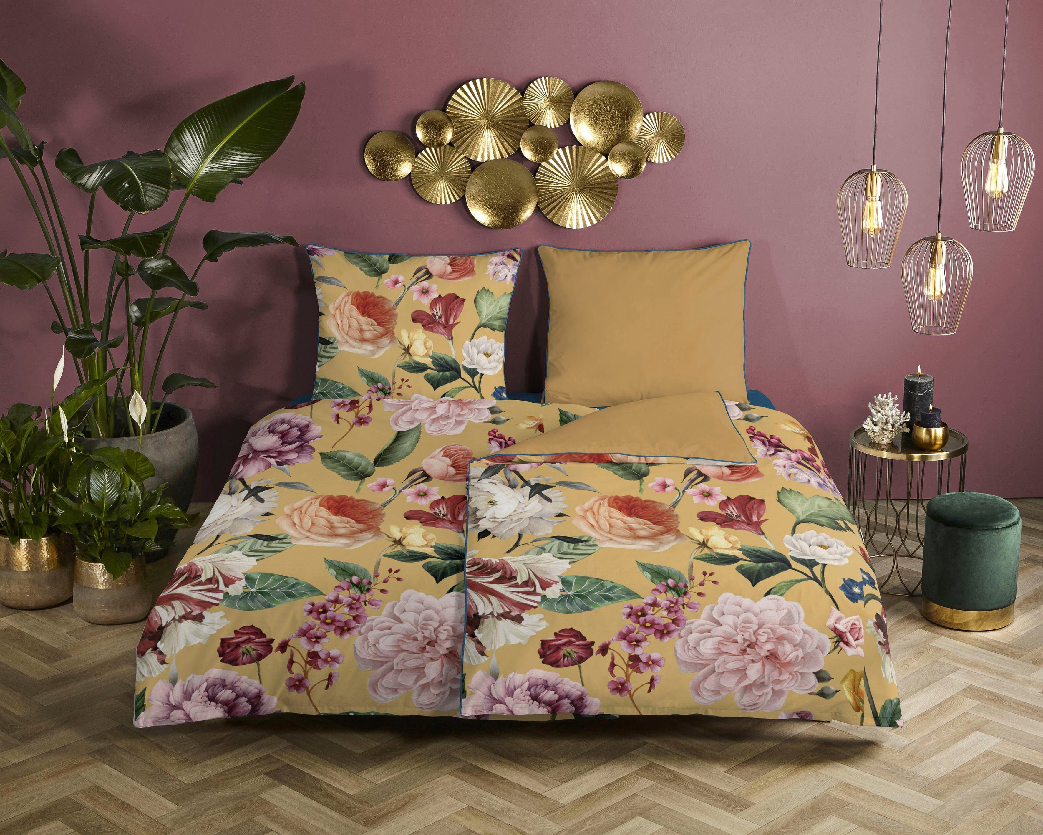 Descanso Tweezijdig te gebruiken overtrekset Fiori Katoen, Satijn, 135x200, Bies, Rits, Omkeerbaar, Bloemen Zand dekbedovertrekken goud(kleur)