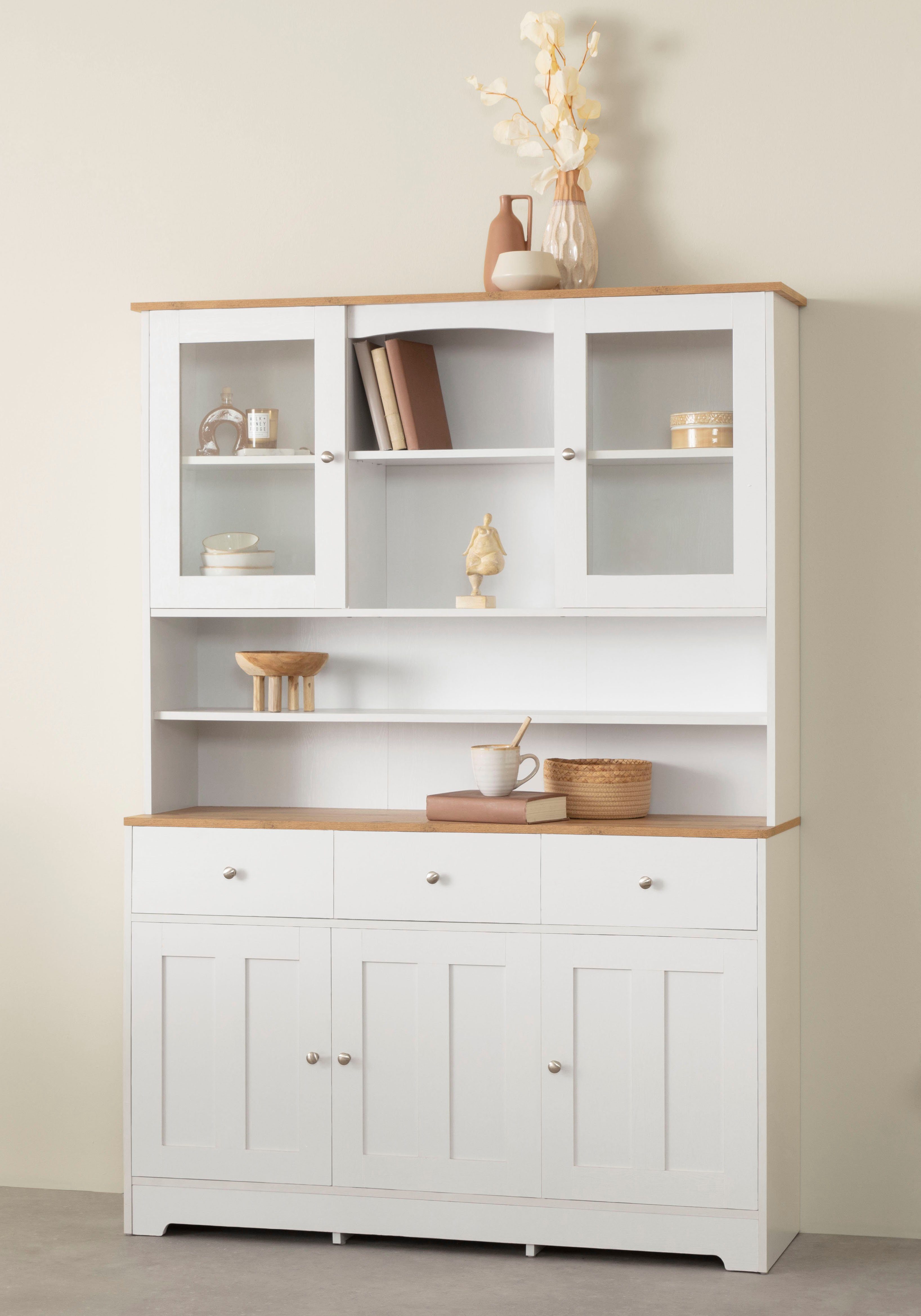 Home affaire Buffetkast Kate Breedte 128 cm, met glasdeuren en houten deuren, metalen grepen, hoogte 182 cm