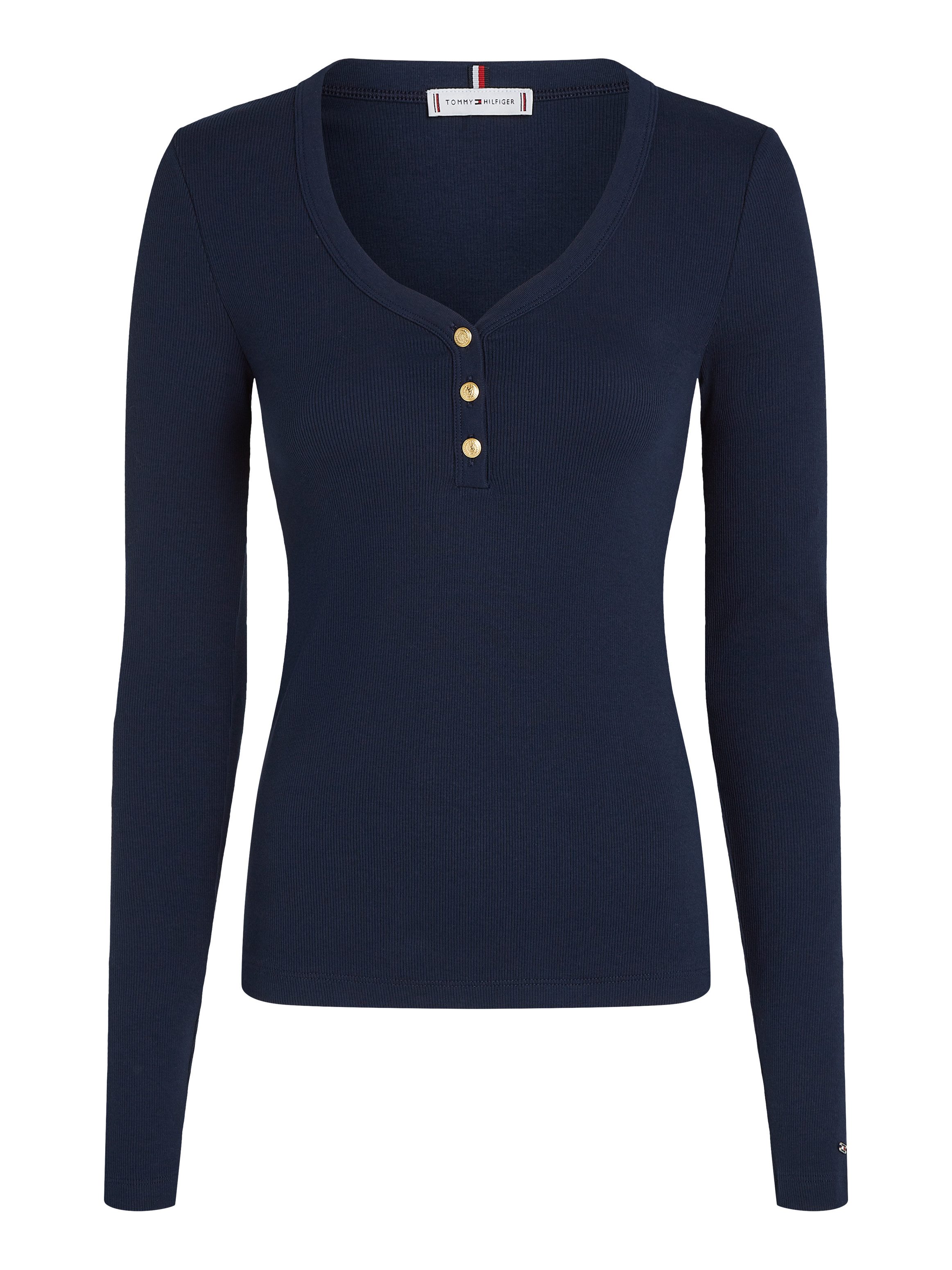 Tommy Hilfiger Shirt met lange mouwen SLIM HENLEY GB SCOOP-NK LS met ribstructuur, met metalen label