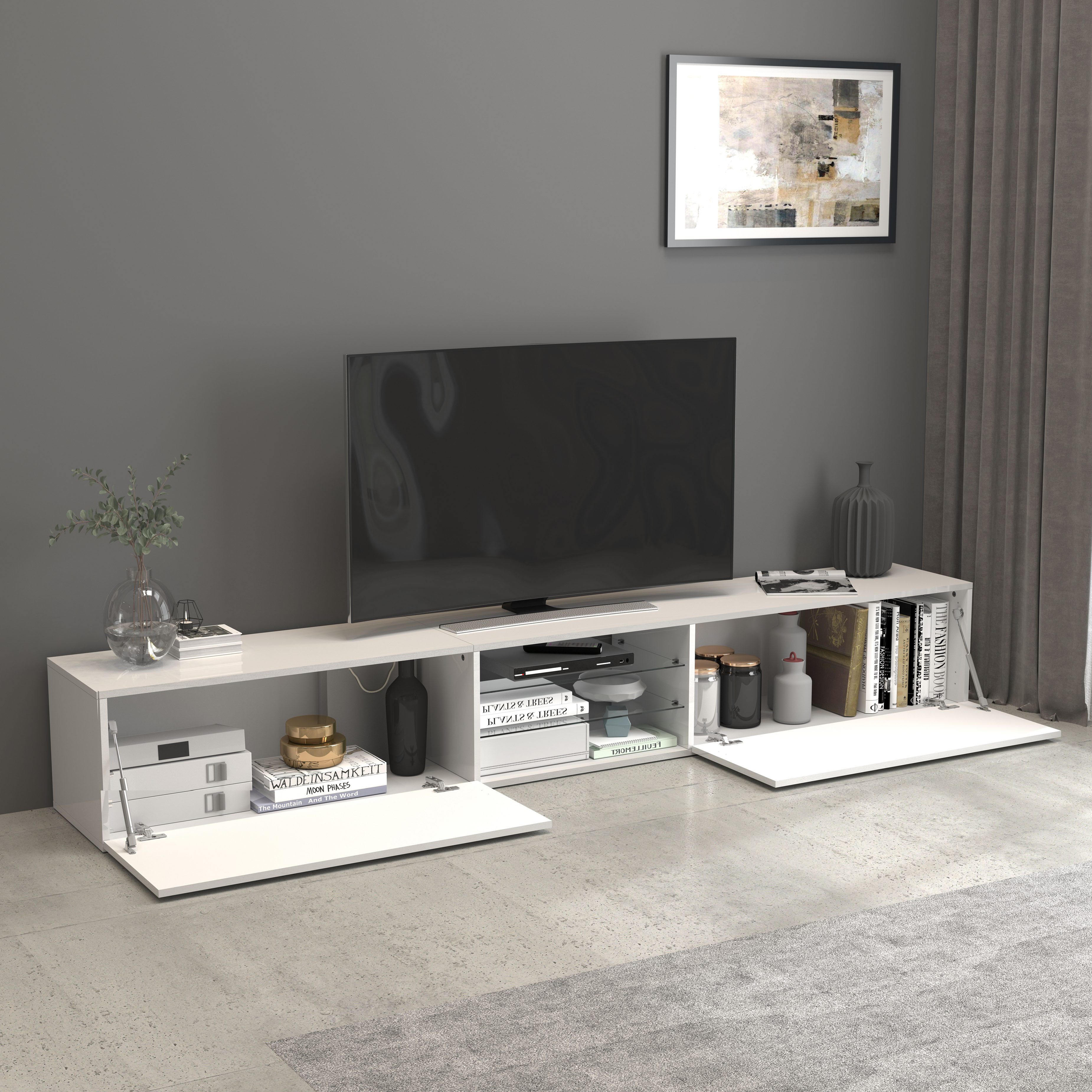 INOSIGN Tv-meubel Egypt, Lowboard, TV-ladekast, TV-meubel, TV-bank met 2 kleppen, 2 glazen planken, volledig hoogglans gelakt (b/d/h) 240x38x35 cm