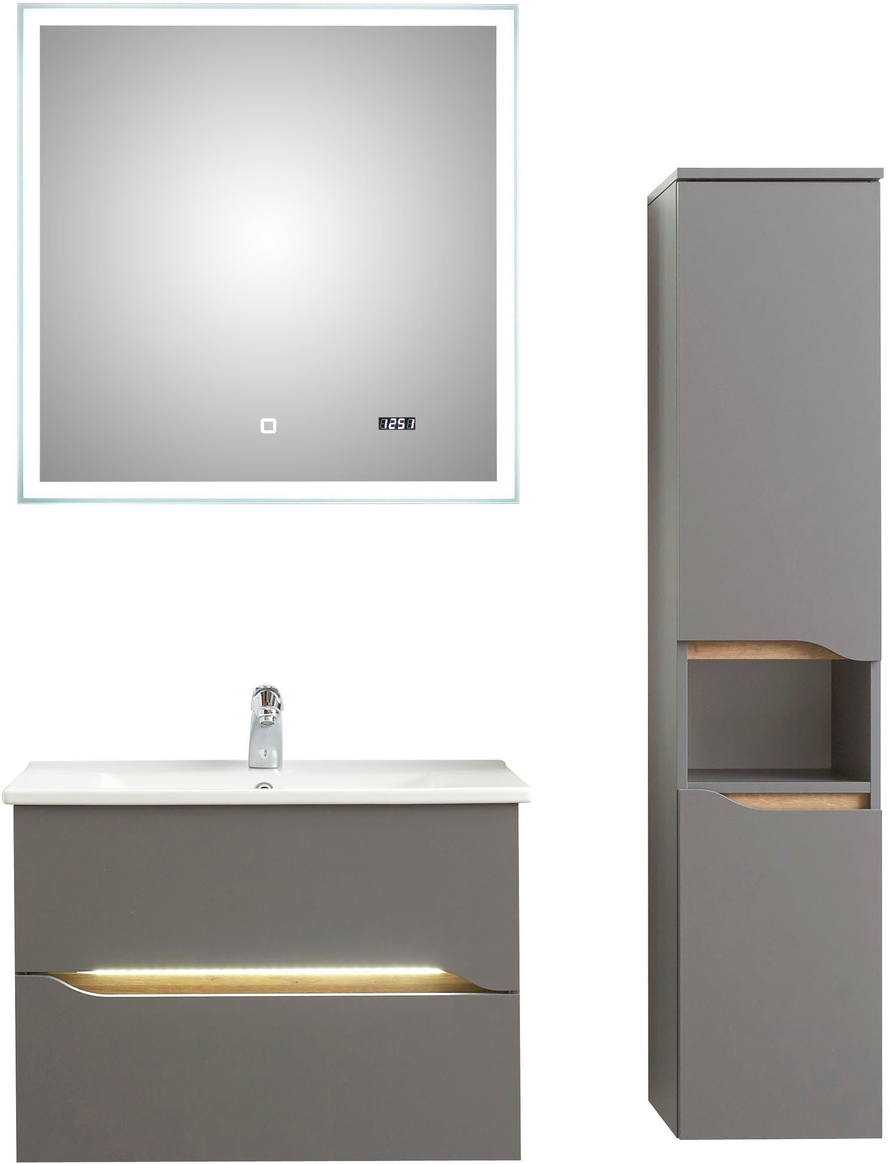 Saphir Badkamerserie Quickset 3-delig, keramieken wastafelonderkast met led-spiegel met halfhoge kast, inclusief deurdemper, 2 deuren, 1 nis, 2 laden