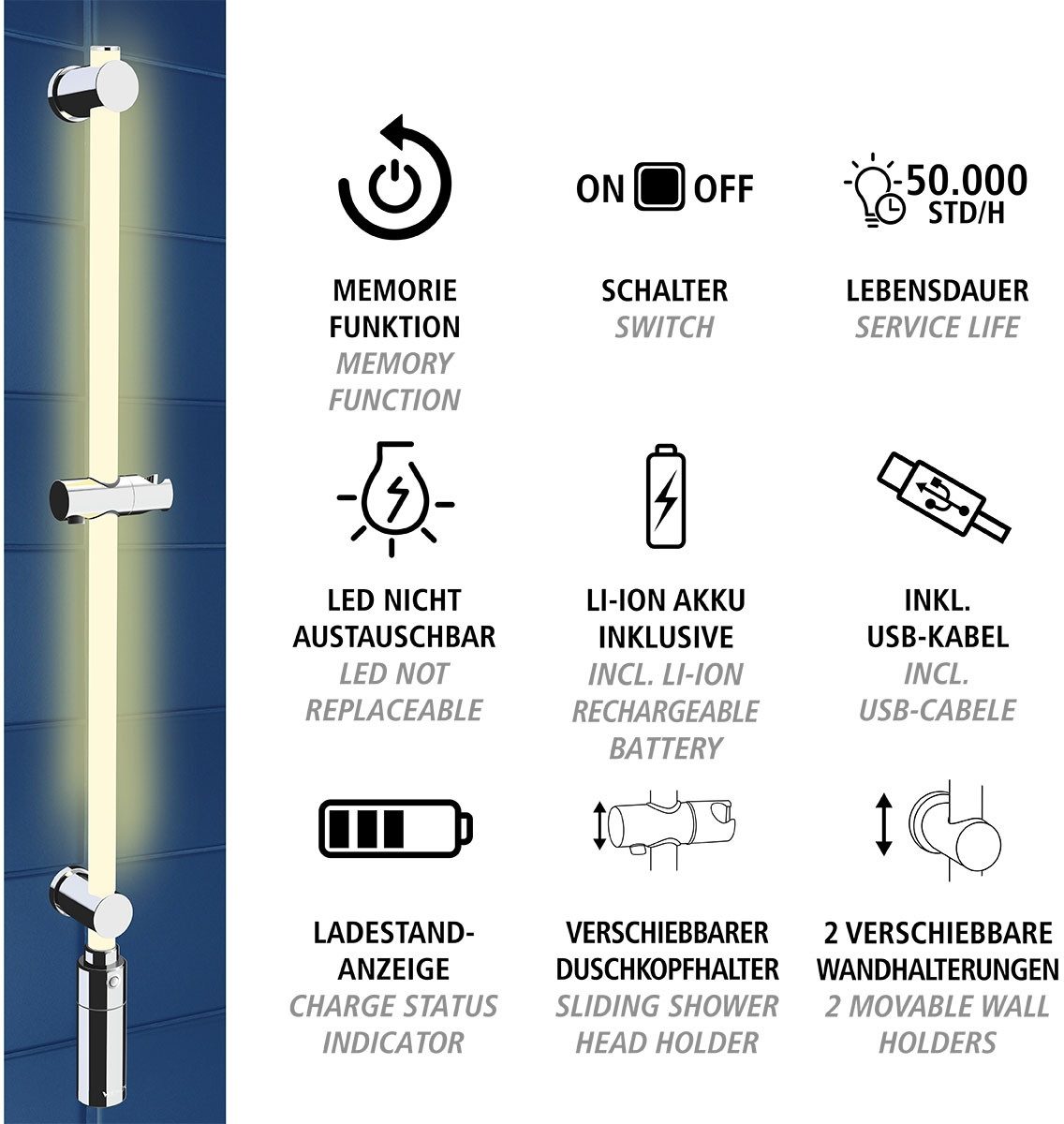 WENKO Douchestang met ledverlichting RGB-kleurwisseling en warmwit, inclusief oplaadbare eenheid