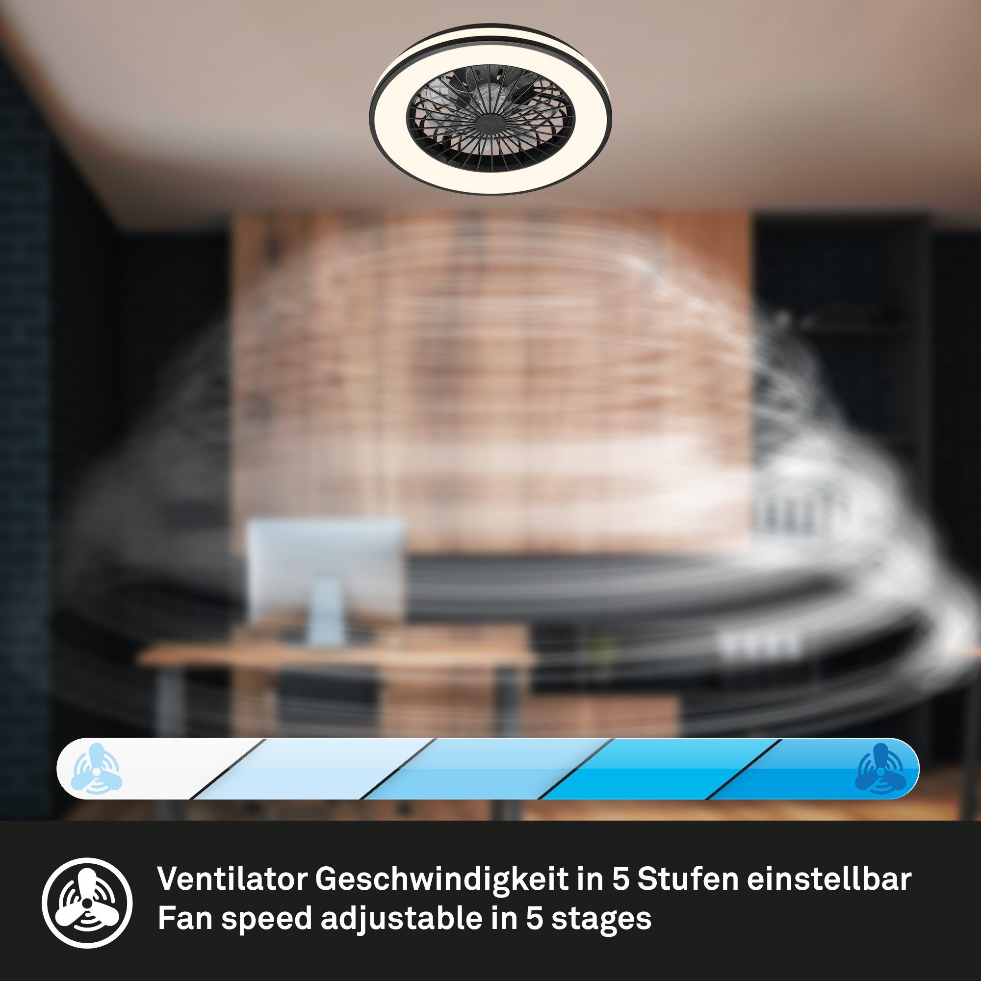 my home Plafondlamp CCT plafondlamp met ventilator, zwart Plafondventilator met licht, 48,5x14,5 cm, zwart, 49 Watt, slaapkamer