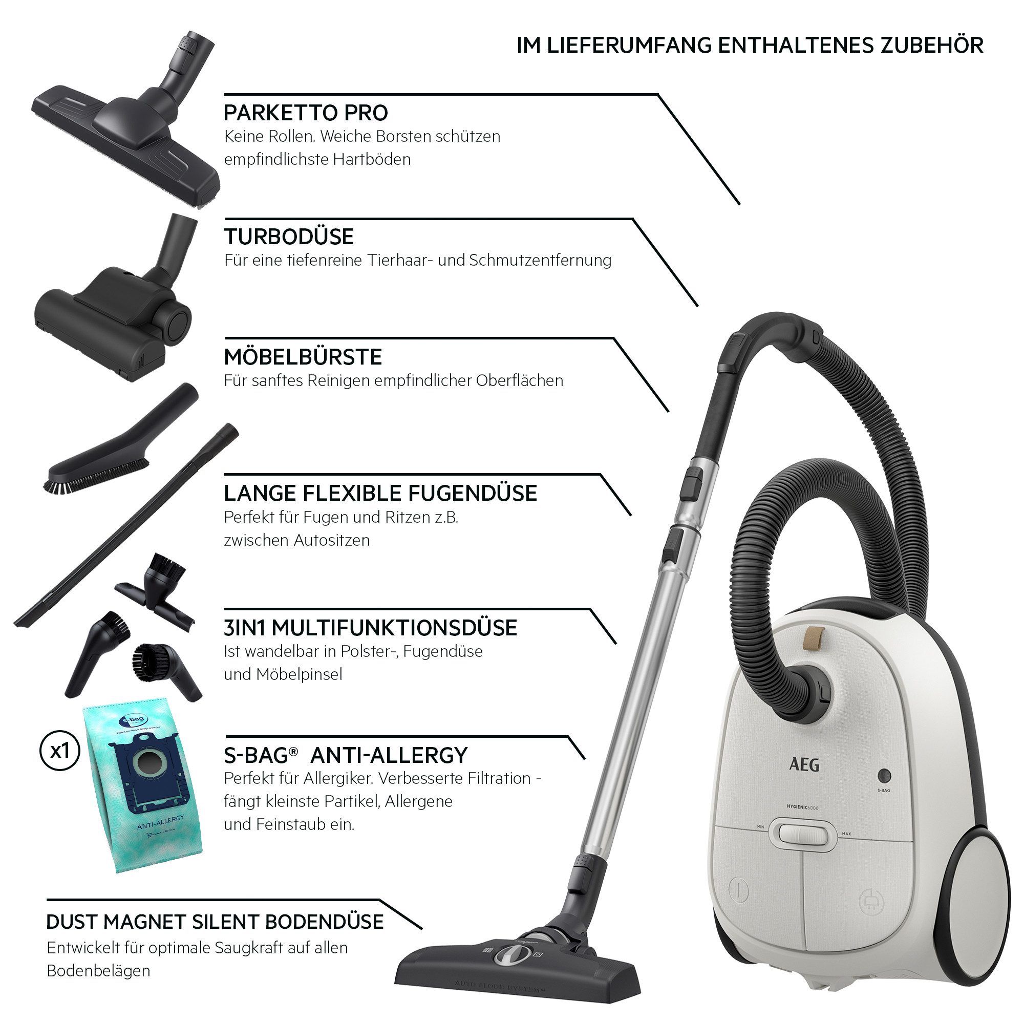 AEG Stofzuiger HYGIENIC 6000 (AB61H6SW) hoog zuigvermogen, inclusief extra zuigmonden, 50% recyclingkunststof