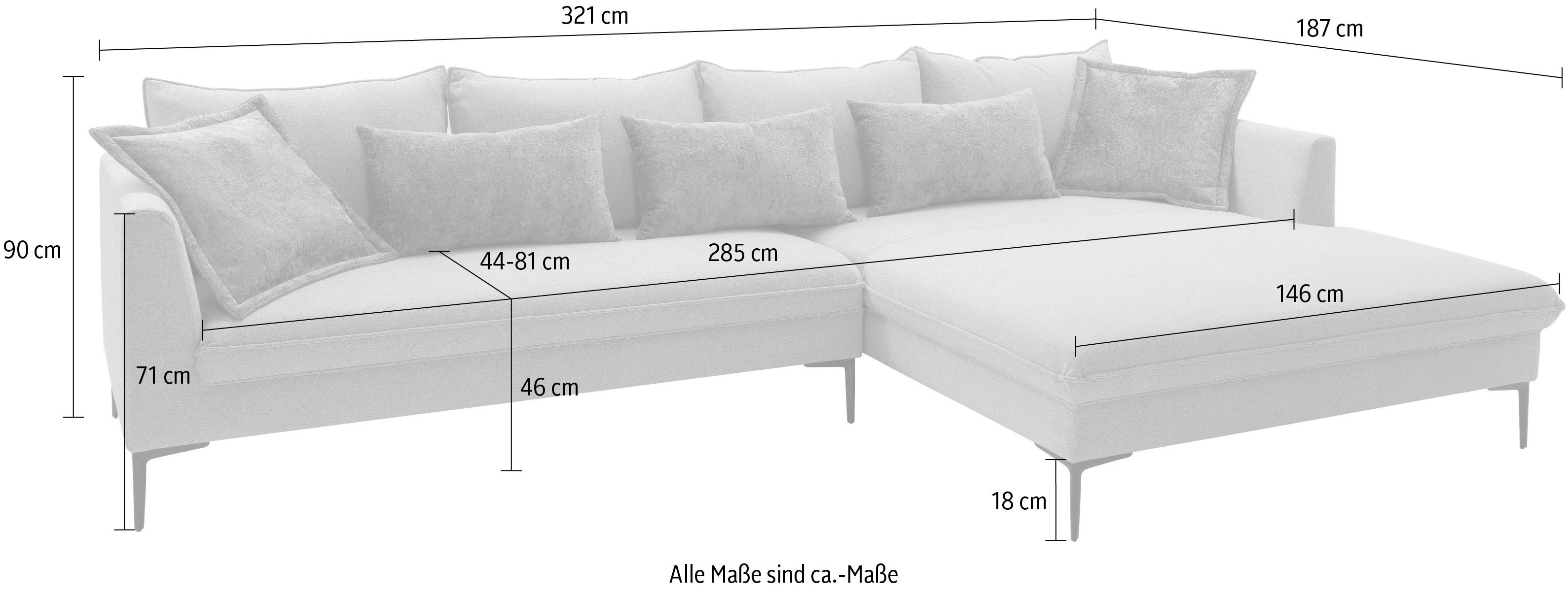 exxpo - sofa fashion Hoekbank Piazza, elegant en chic, designbank met geweldig zitcomfort, Longchair hoek in hoogwaardige afwerking, afmetingen 321x187cm (2-delig)