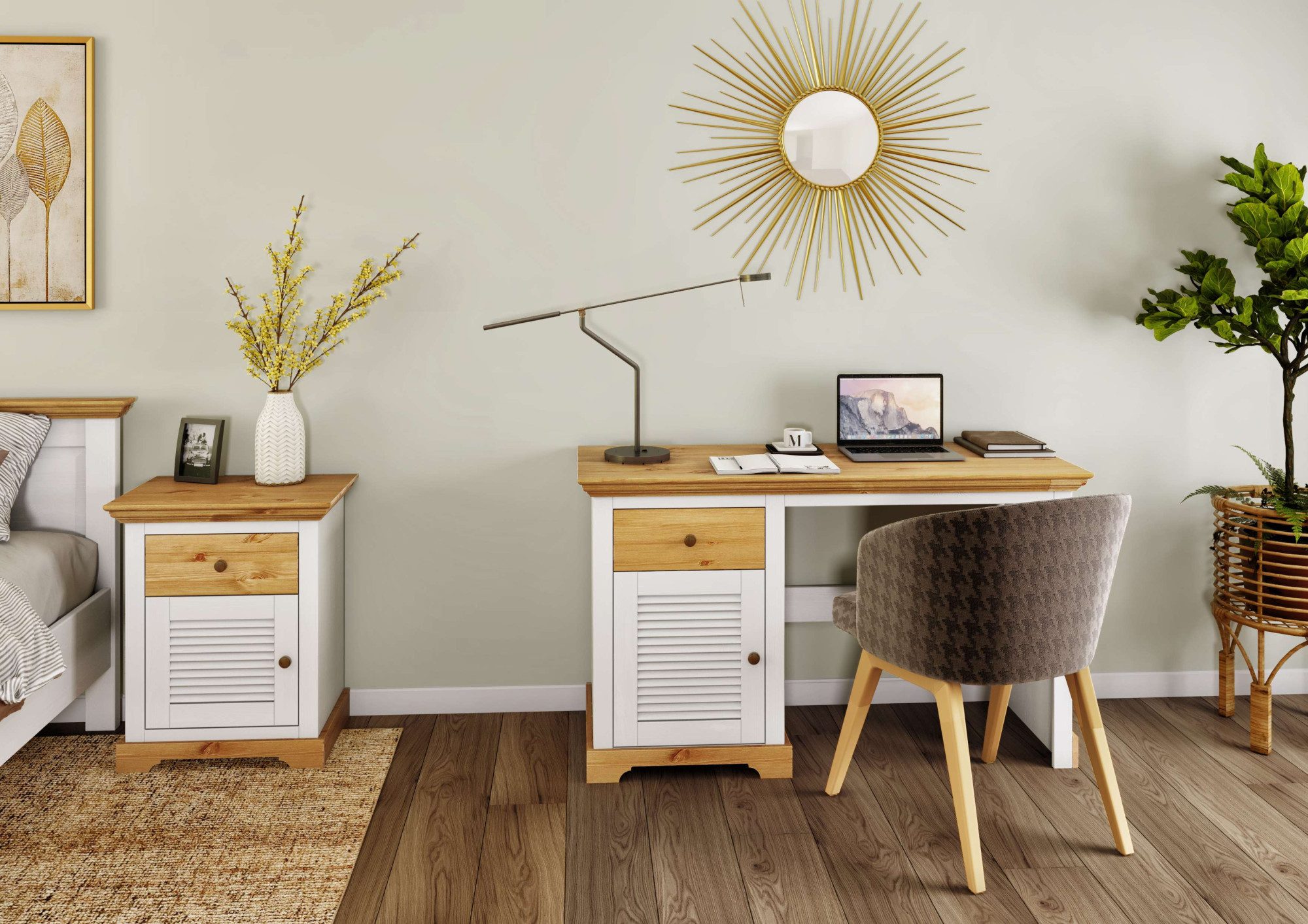 Home affaire Bureau Ayanna Massief hout, met lade en deur, lamellenfront, breedte 130 cm