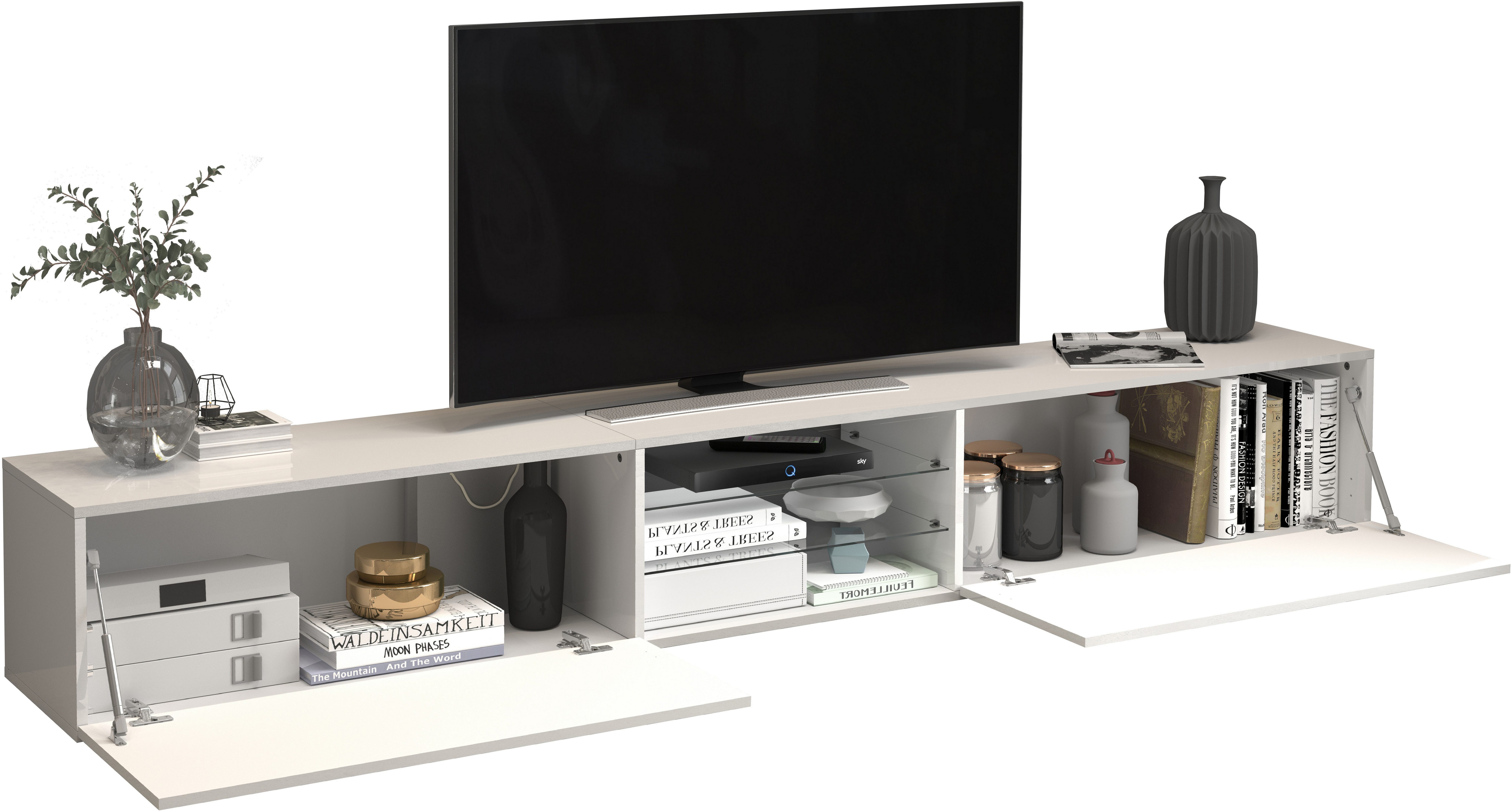 INOSIGN Tv-meubel Egypt, Lowboard, TV-ladekast, TV-meubel, TV-bank met 2 kleppen, 2 glazen planken, volledig hoogglans gelakt (b/d/h) 240x38x35 cm