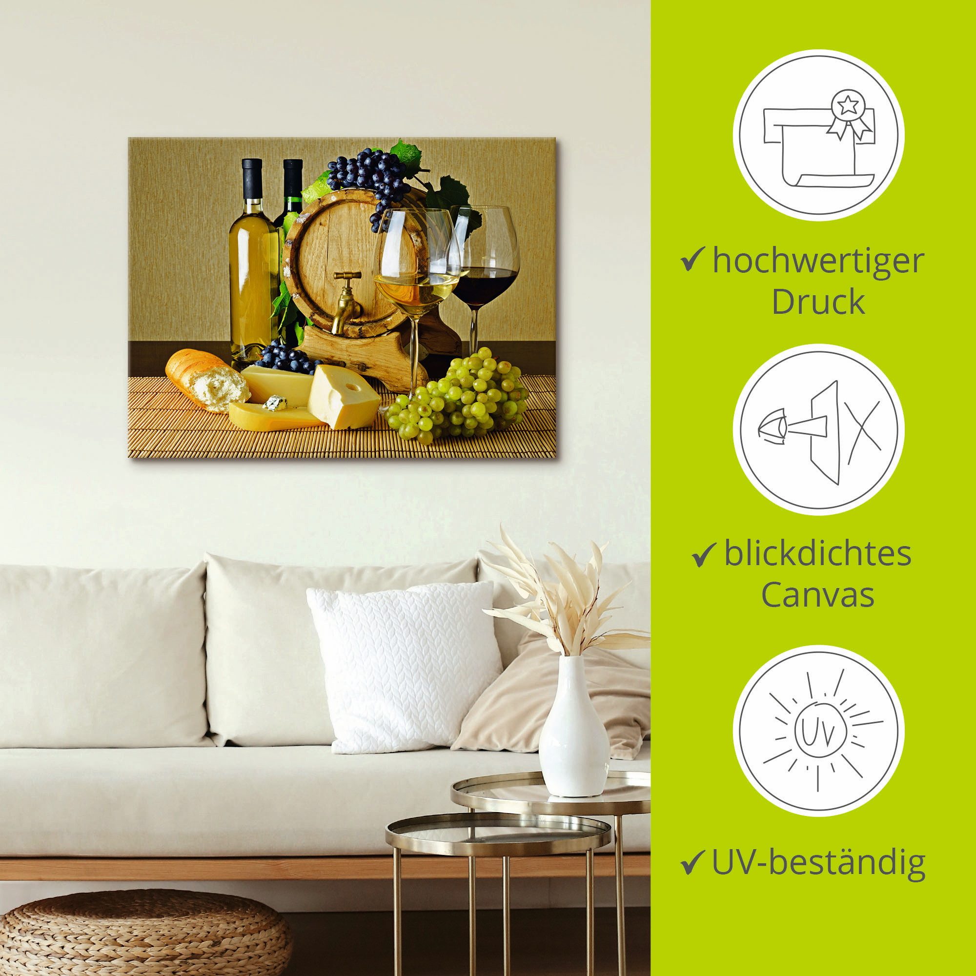 Artland Artprint Kaas, wijn en druiven als artprint van aluminium, artprint op linnen, muursticker of poster in verschillende maten