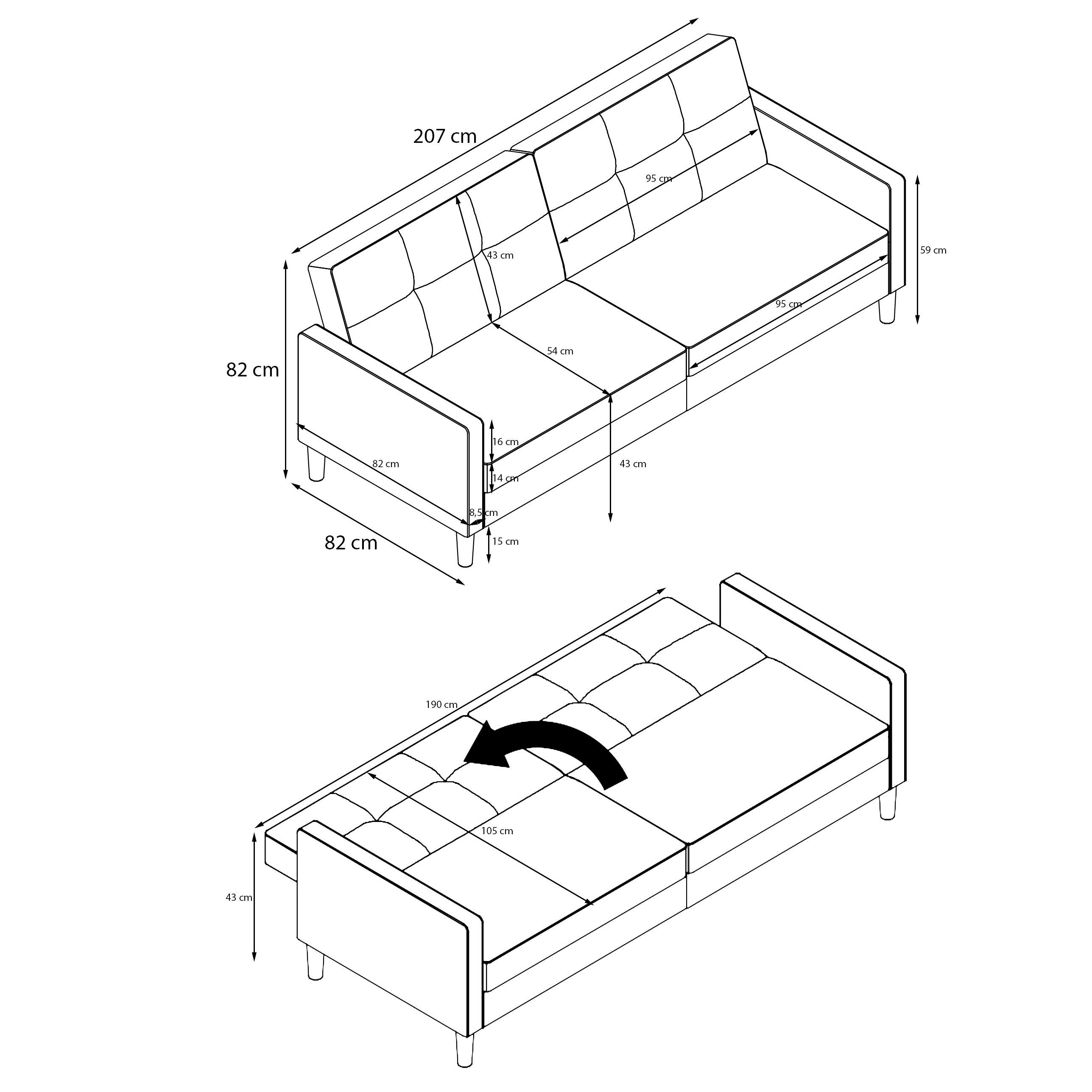 Dorel Home 3-zitsbank Lilly Bedfunctie, rugleuning 3-voudig verstelbaar, zithoogte 43 cm