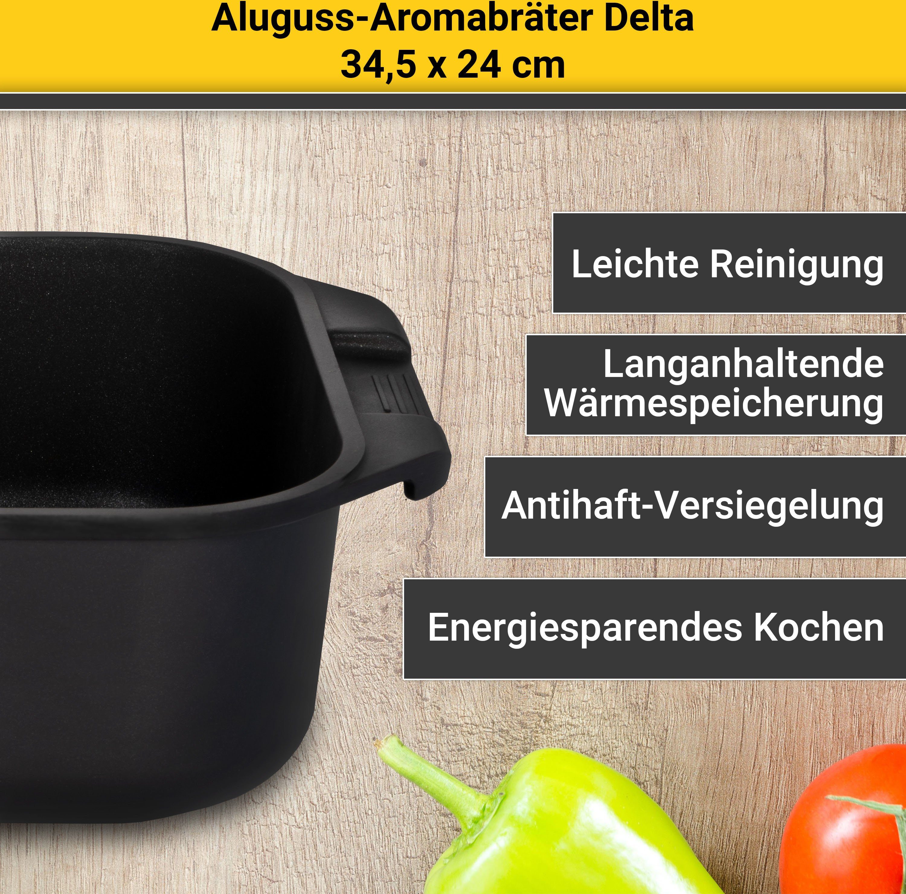 Krüger Braadpan Gietaluminium aroma-braadpan met glazen deksel en aromaknop delta, 34,5x24x9 cm